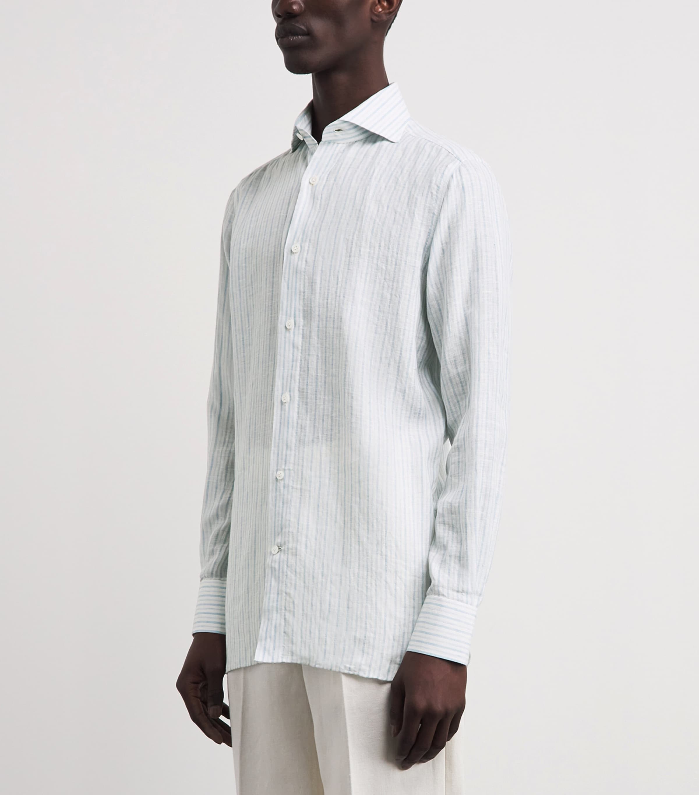 100HANDS Mens Linen Stripe Shirt Blue White Image 4