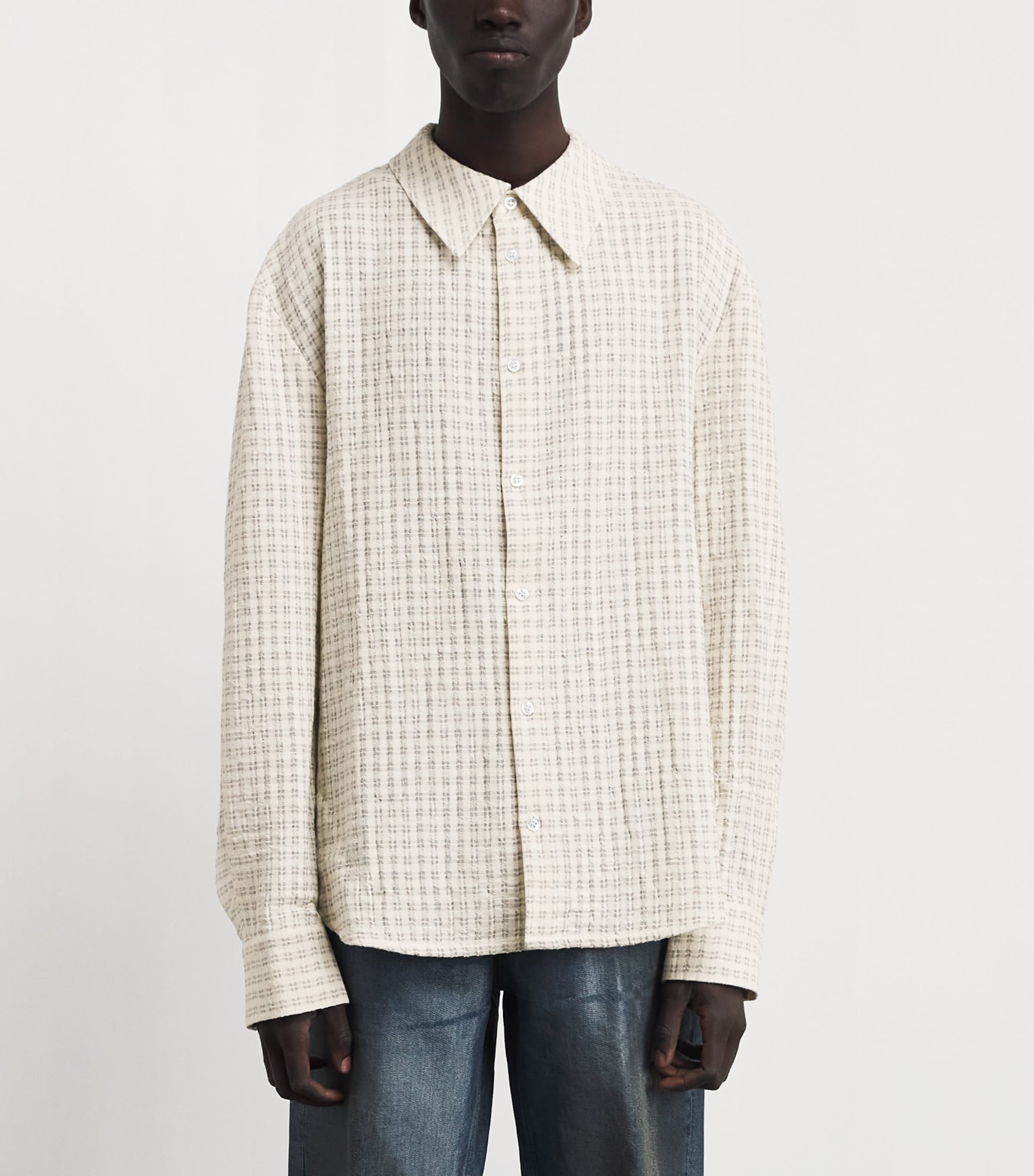 Séfr Mens Seersucker-Effect Wes Shirt Subtle Beige Check Image 4