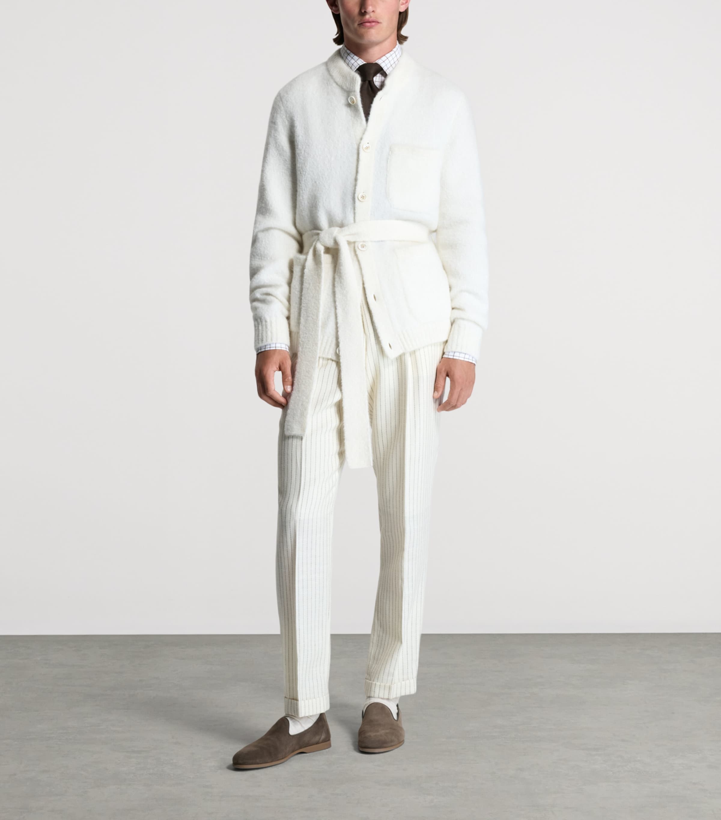 Dunhill Mens Cashmere-Blend Belted Cardigan White Image 2
