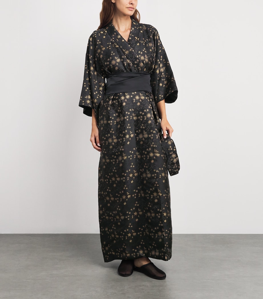 Silk Floral Kimono Dressing Gown BLACK/GOLD Image 2