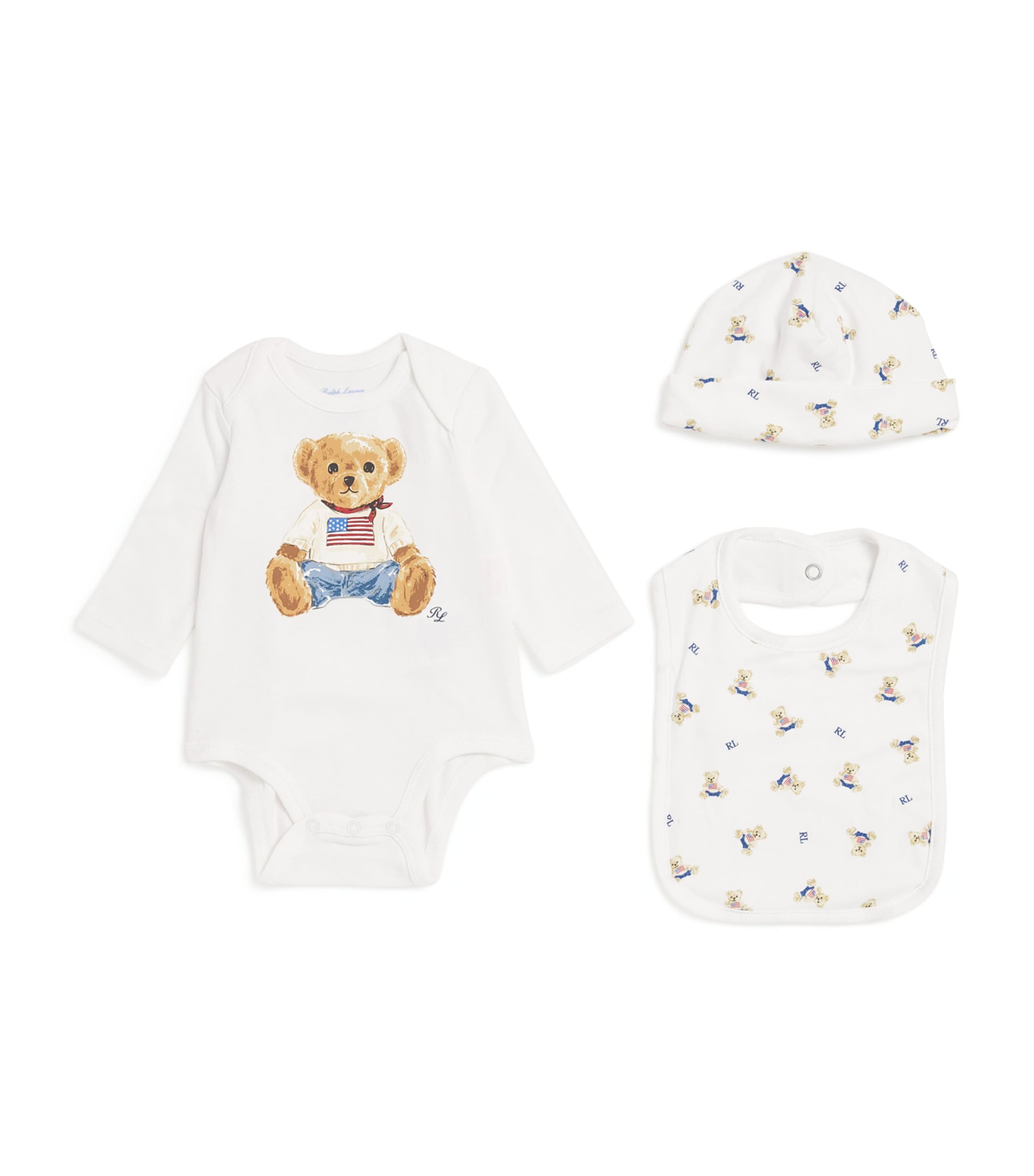 Ralph Lauren Kids Polo Bear Bodysuit, Hat and Bib Gift Set (3-9 Months) White Mu Image 1