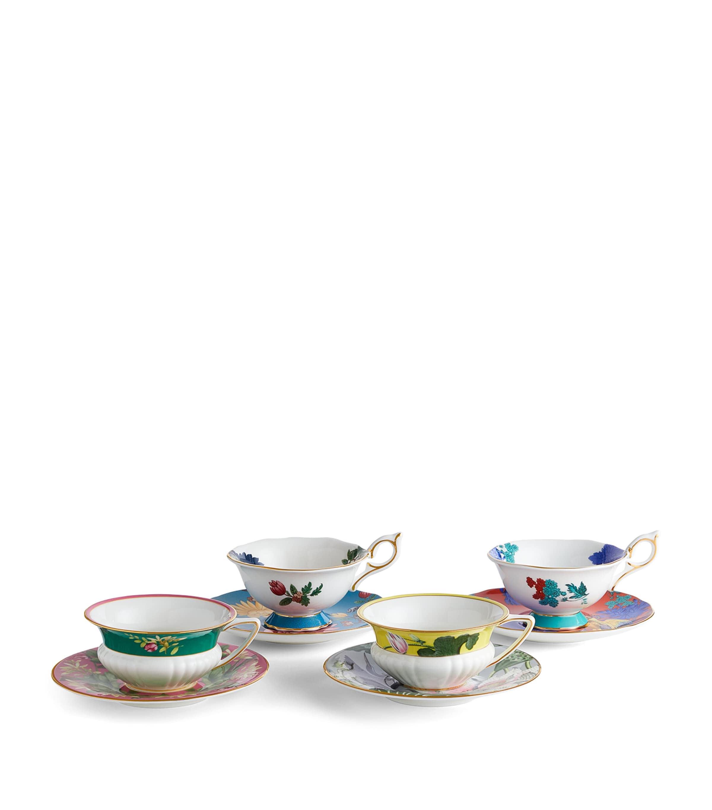 Wedgwood Wonderlust Floral-print Set Of Four Bone-china Teacups And Saucers