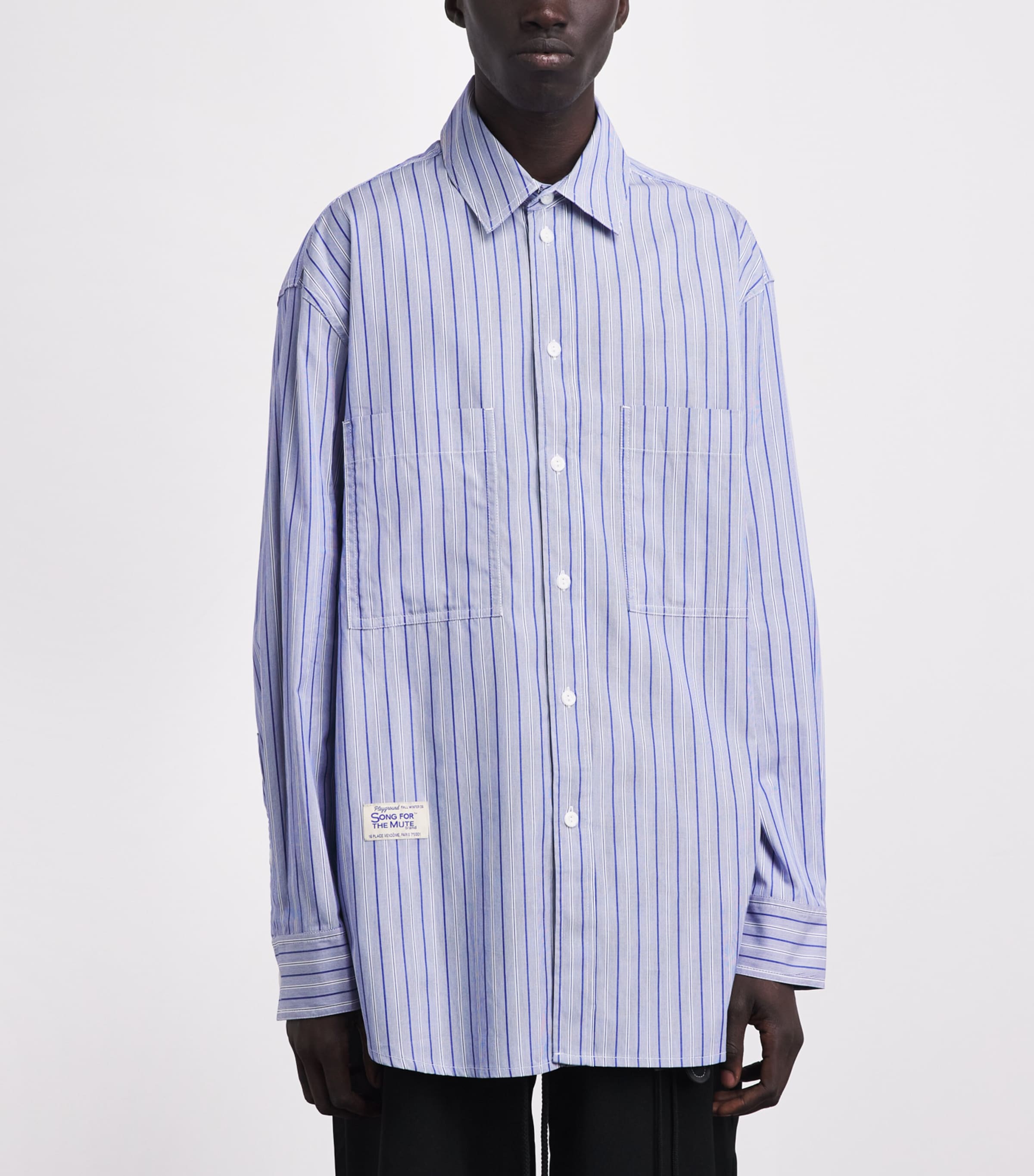 Song For The Mute Mens Cotton Pleated Shirt Light Blue Stripe Image 4