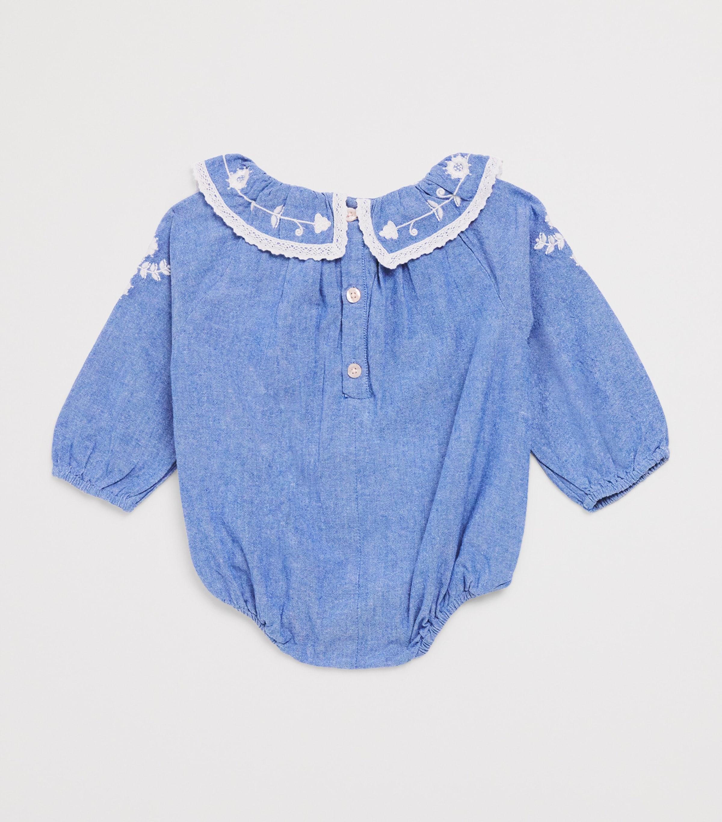 Louise Misha Cotton Embroidered Ilani Bodysuit (3-24 Months) Blue Chambray Image 2