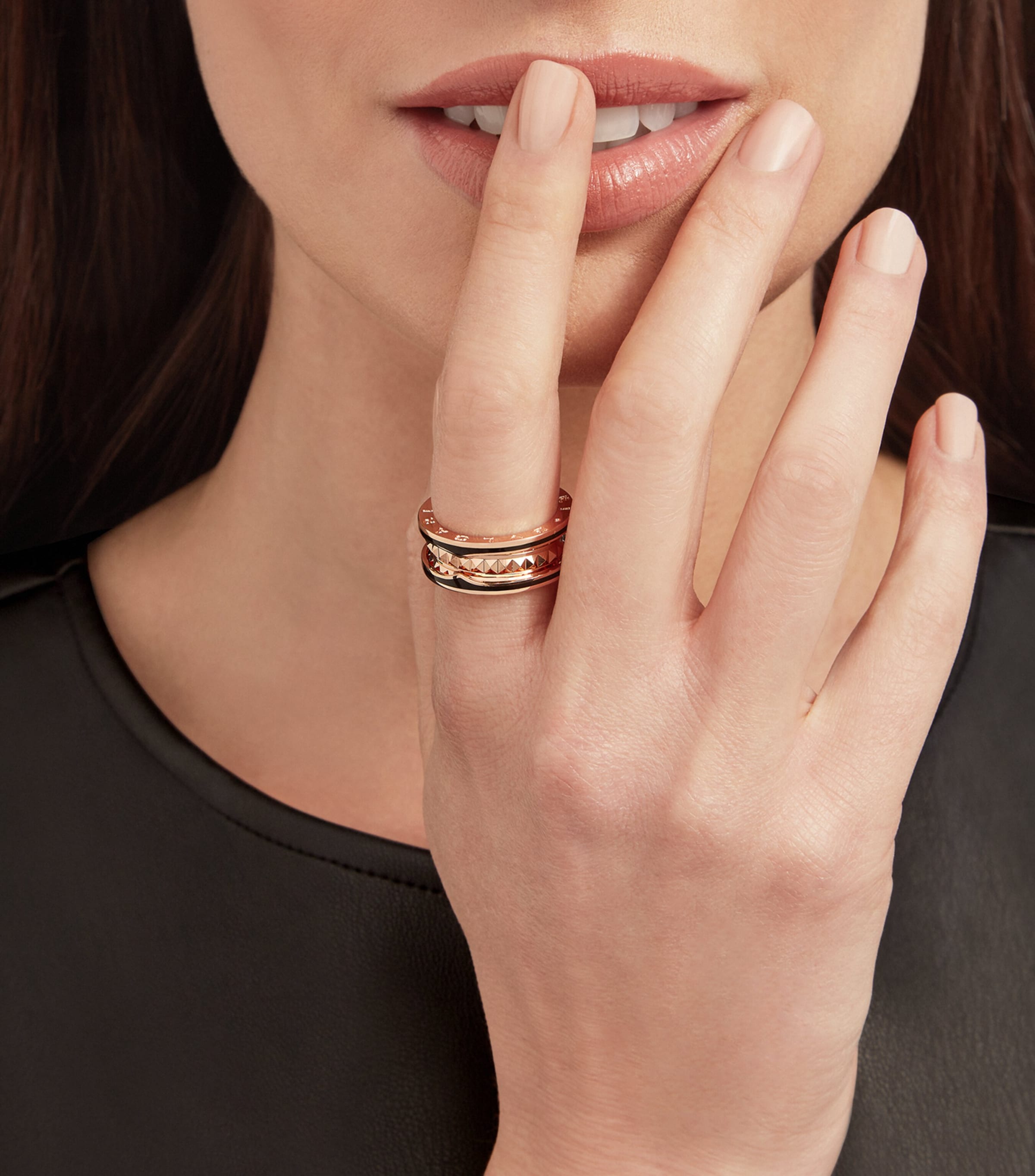 Bvlgari Rose Gold and Black Ceramic B.zero1 Rock Two-Band Ring