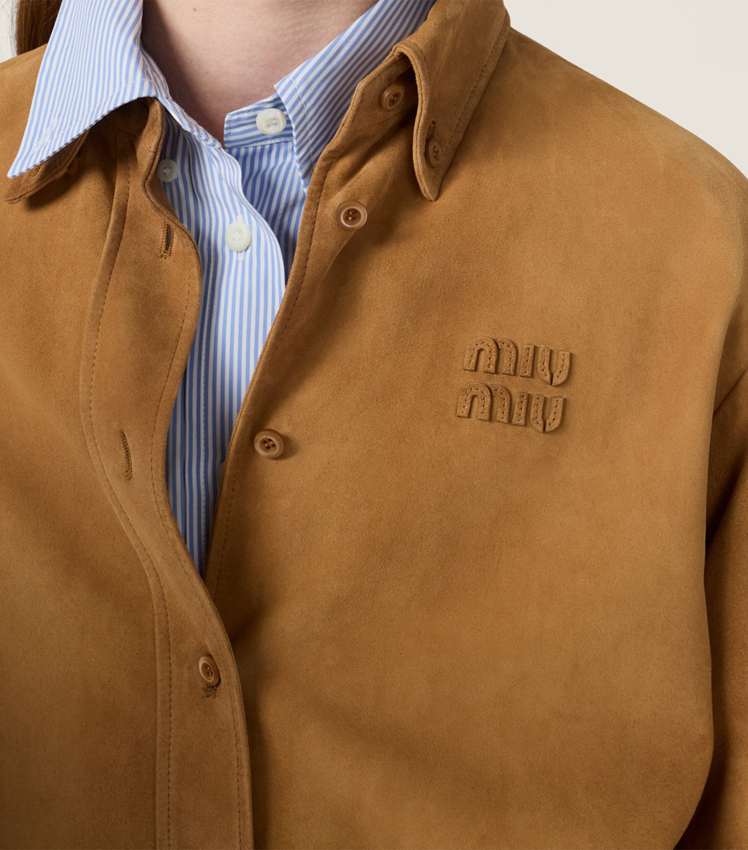 Miu Miu Womens Waxed Suede Cropped Shirt Neutral Image 4