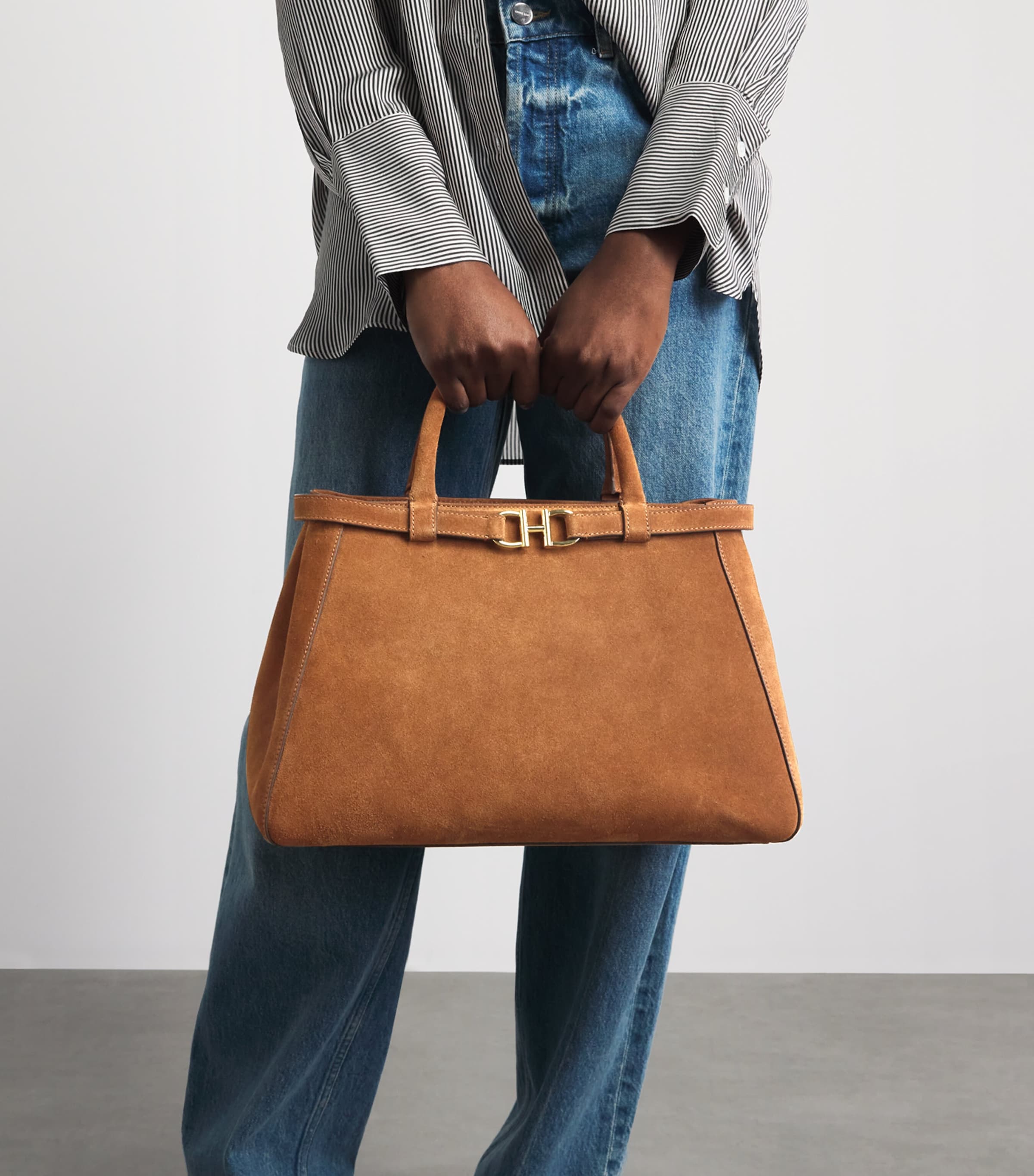 Harrods Medium Suede Grace Top-Handle Bag Tan Image 4