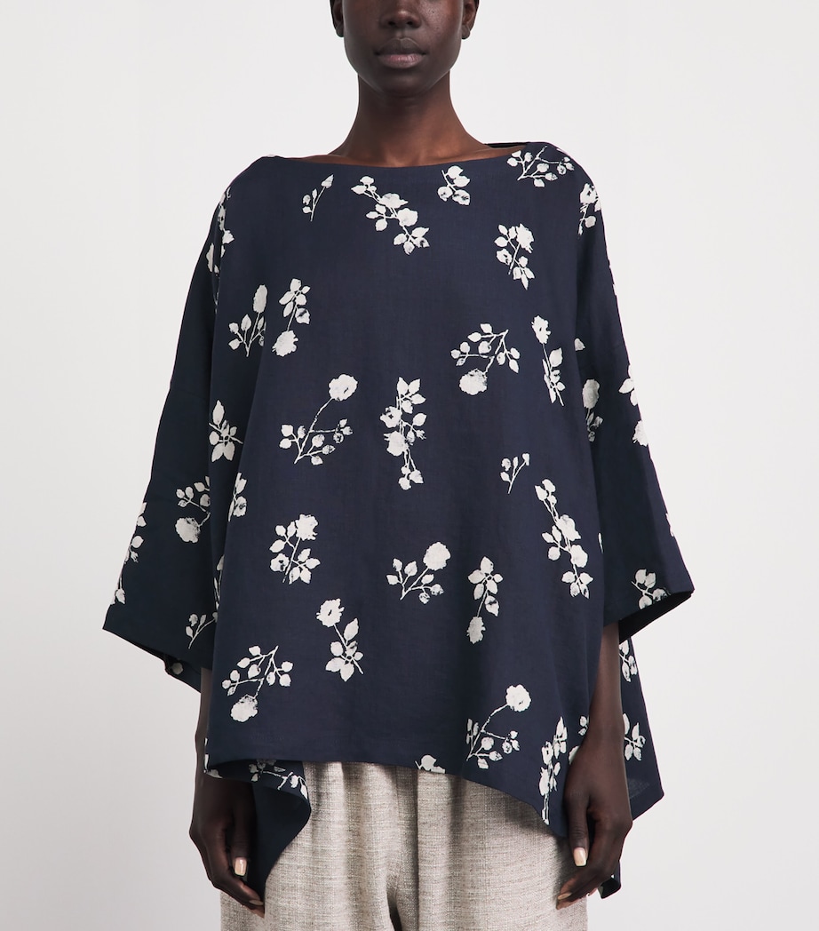 Eskandar Womens Linen Floral Boat-Neck Blouse Navy Image 4
