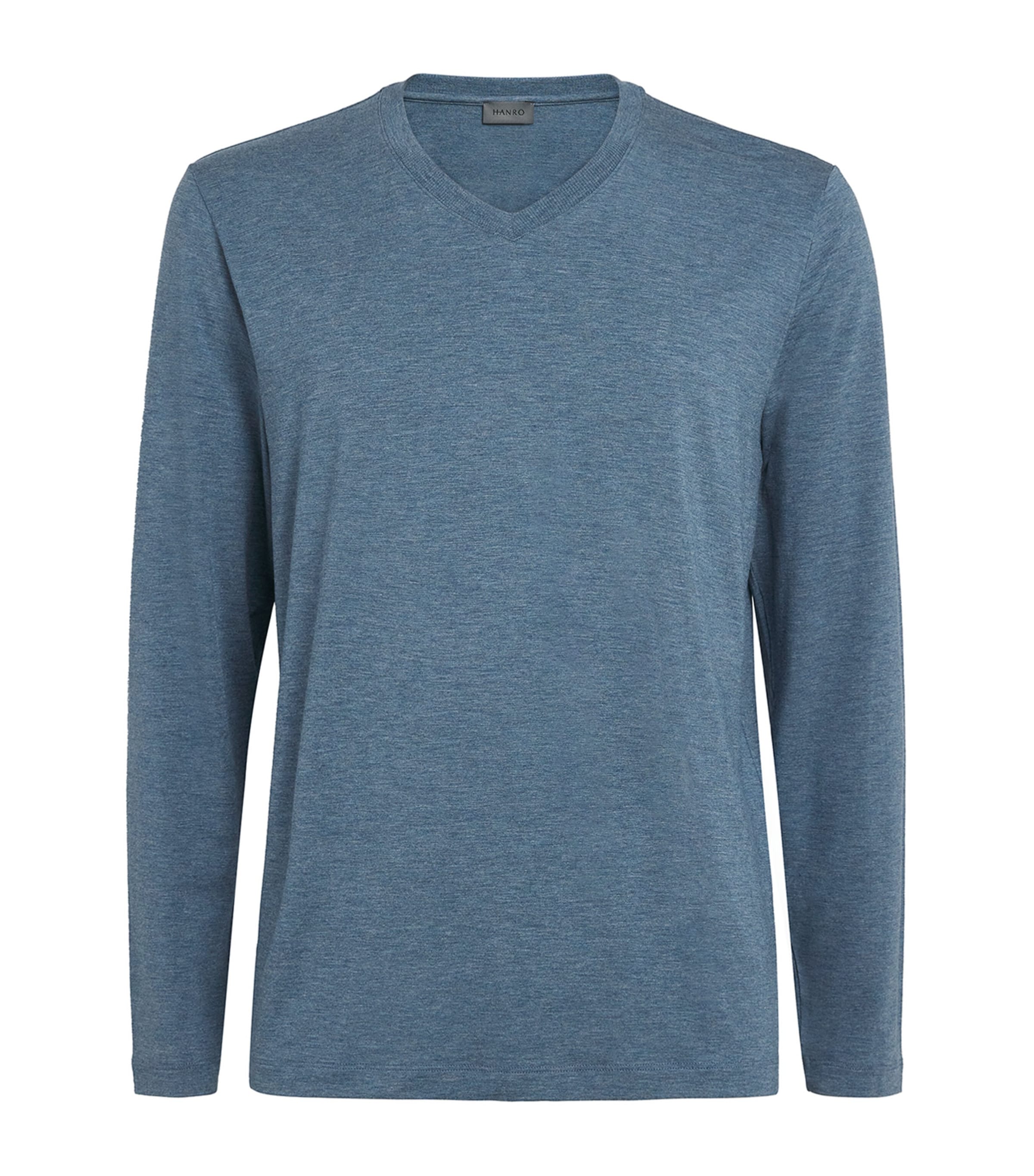Hanro Mens V-Neck Casuals Long-Sleeve T-Shirt Retro Blue Melg Image 1