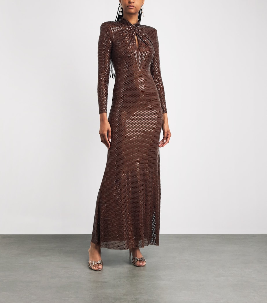self portrait brown sequin maxi dress Self-portrait - Brown Rhinestone Mesh Maxi Dress