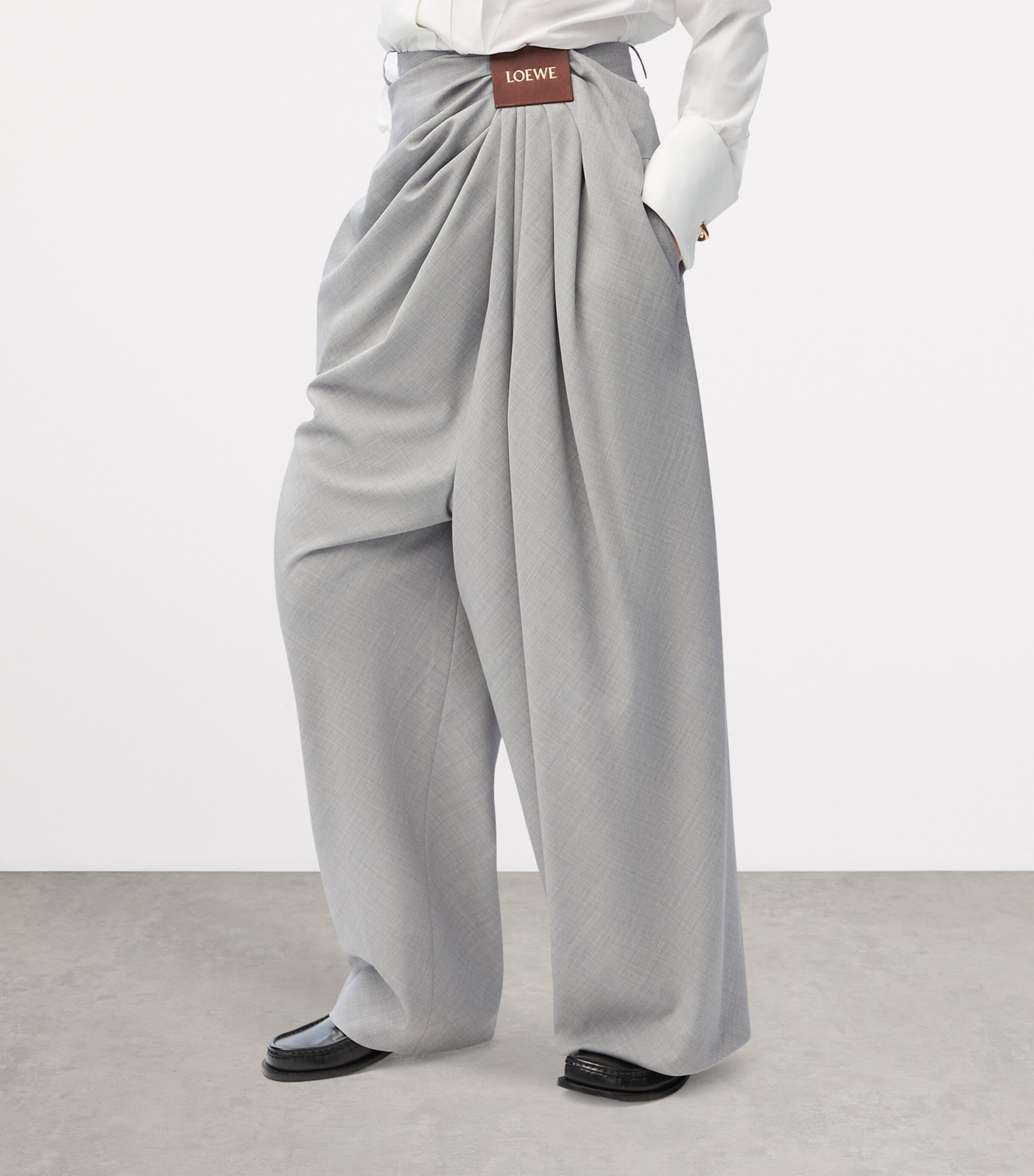LOEWE Womens Wool Draped Trousers Light Grey Image 2