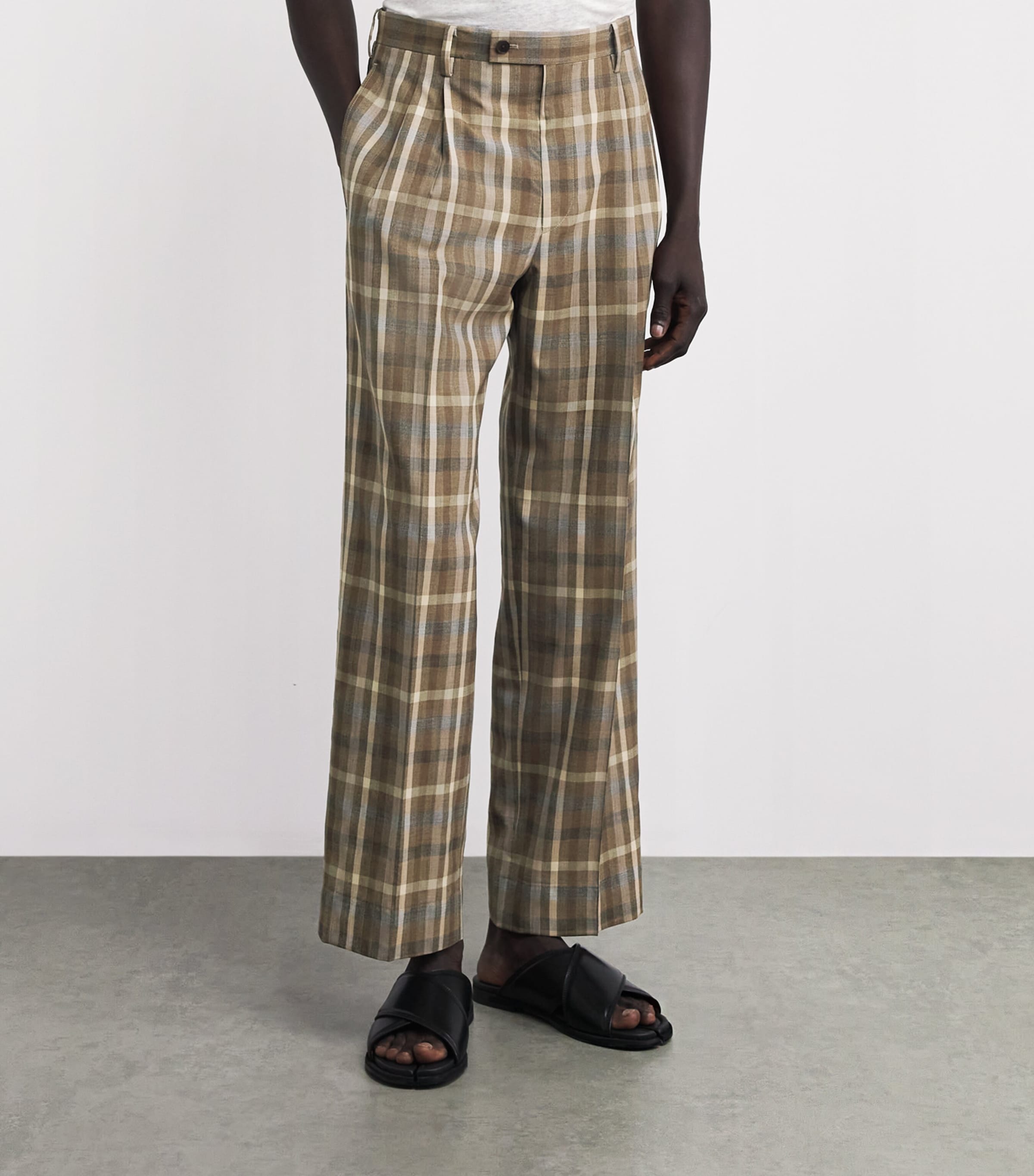 Auralee Mens Wool Check Pleated Wide-Leg Trousers Top Brown Check Image 4