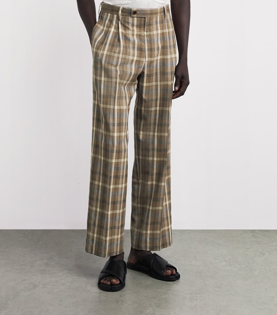 Auralee Mens Wool Check Pleated Wide-Leg Trousers Top Brown Check Image 4