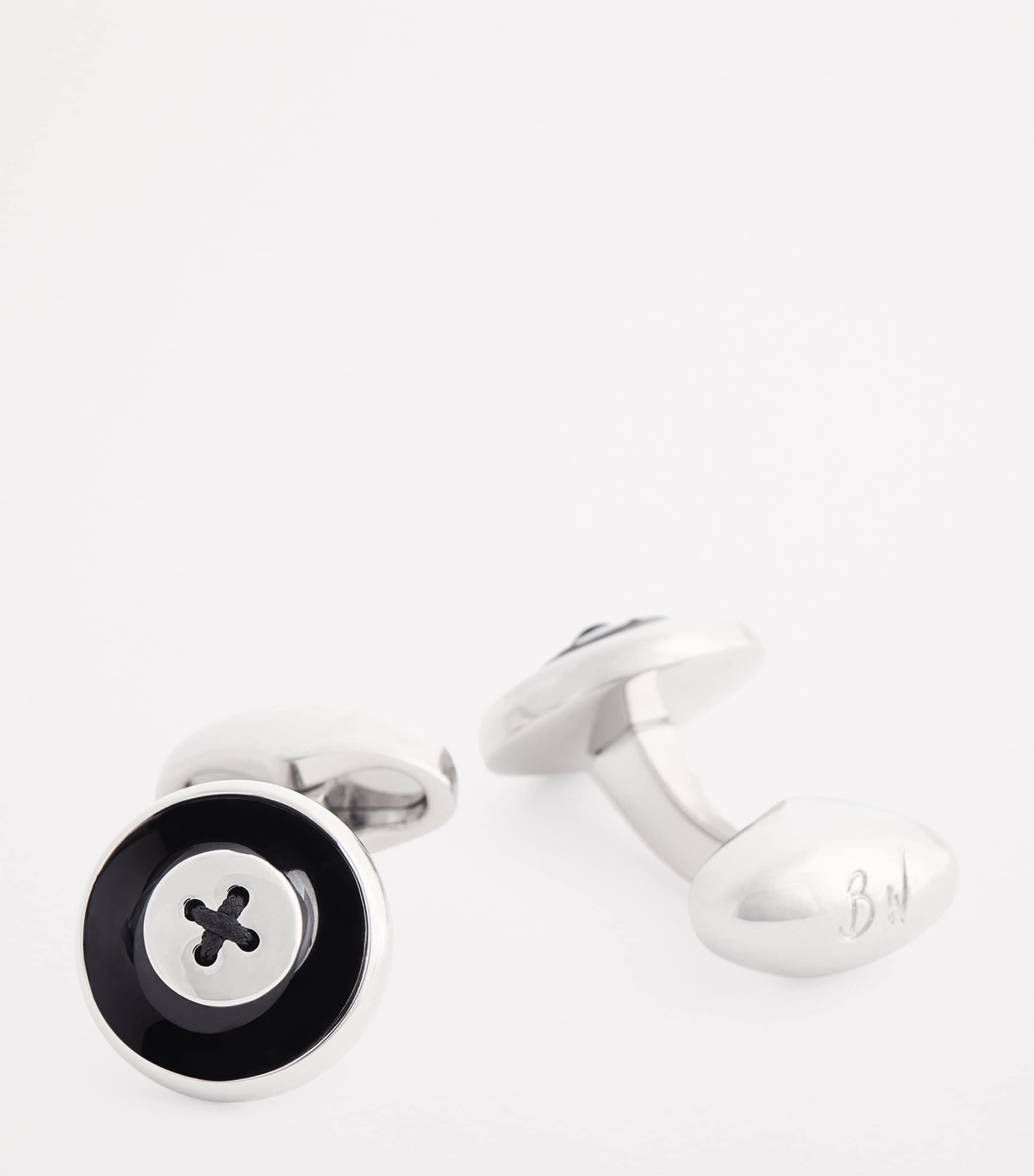 Rhodium-Plated Enamel Button Cufflinks BLACK Image 6