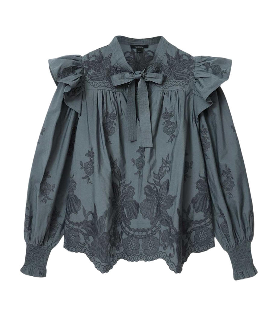AllSaints Womens Cotton Nisa Embroidered Blouse Steel Blue Image 1