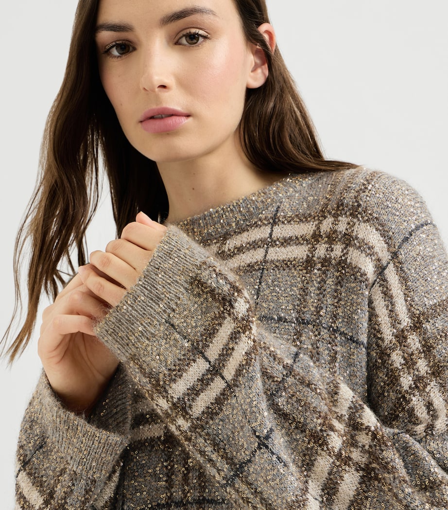 Brunello Cucinelli Womens Sequin Check Sweater Grey+brown Image 6