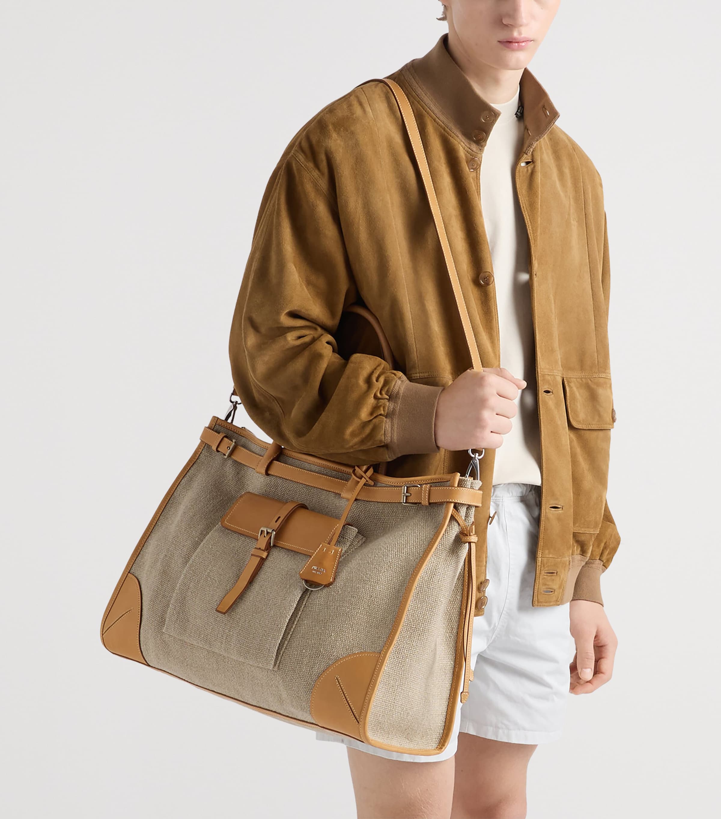 Prada Linen-Leather Route Tote Bag Neutral Image 2
