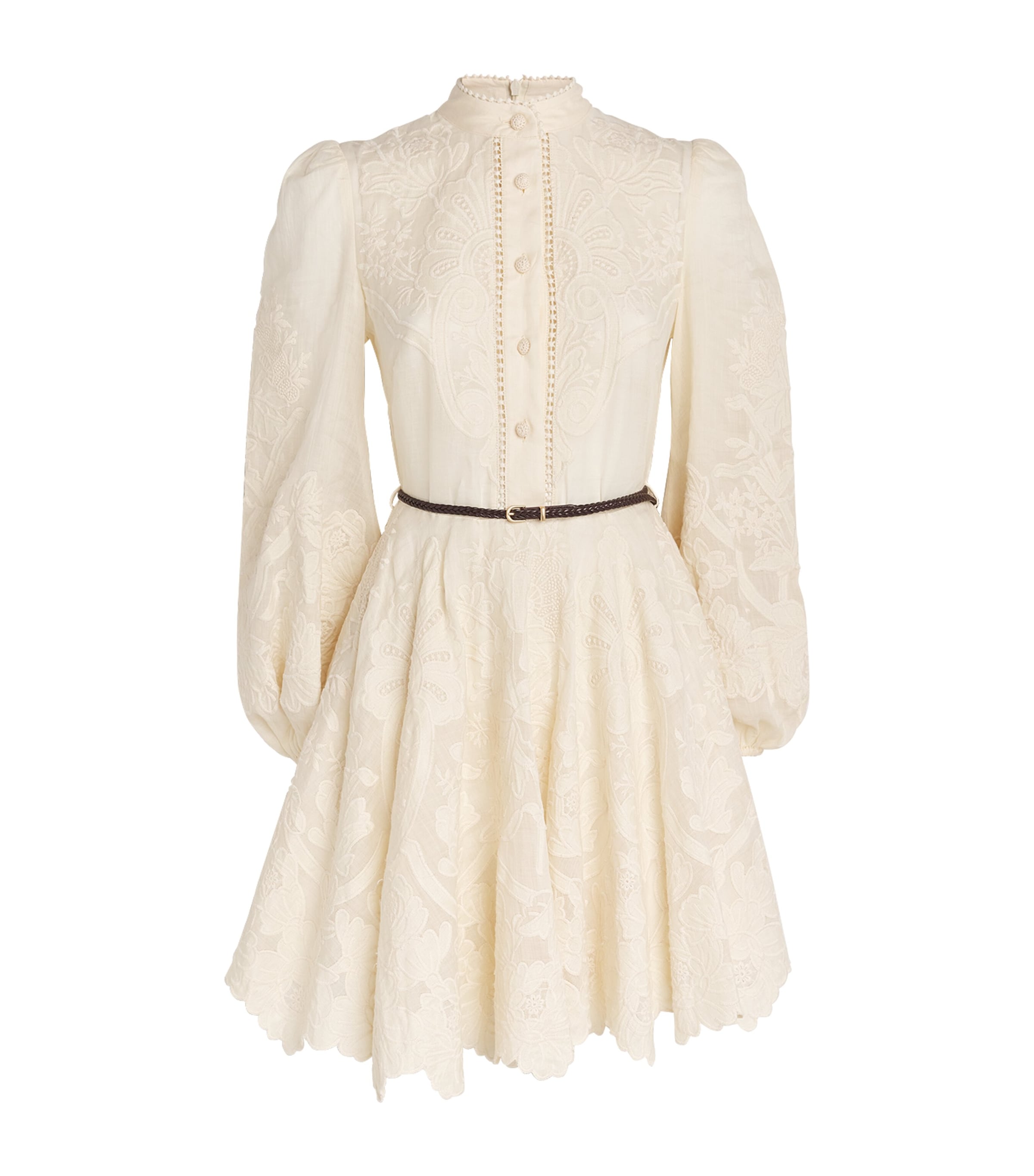 Shop Zimmermann Linen Embroidered Ottie Mini Dress In Ivory