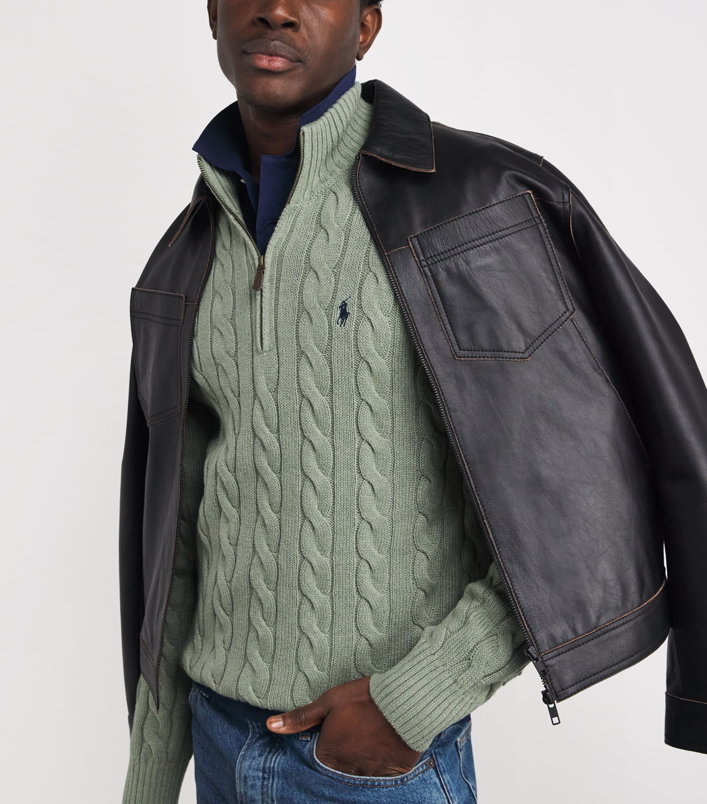 Cotton Cable Knit Half-Zip Sweater GREEN HEATHER Image 6