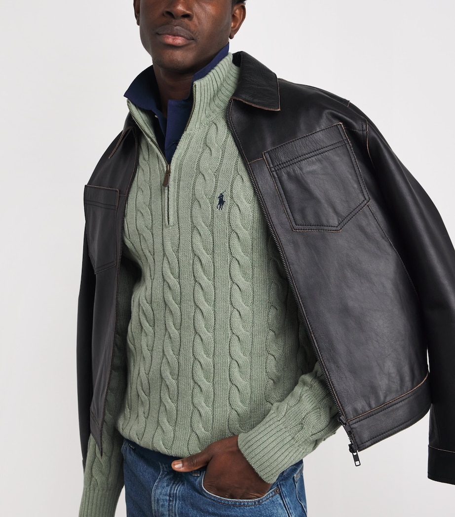 Cotton Cable Knit Half-Zip Sweater GREEN HEATHER Image 6