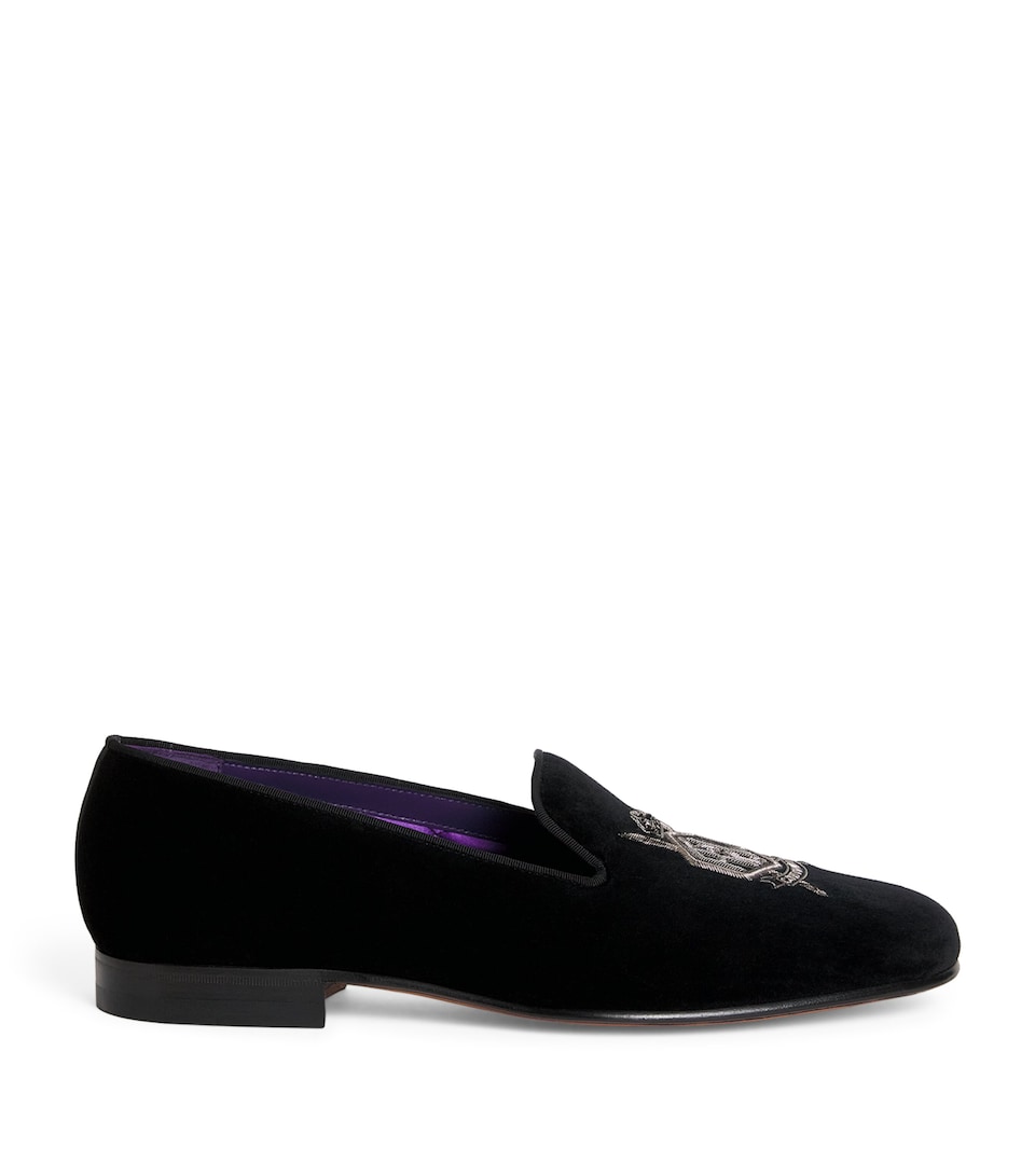 Ralph Lauren Purple Label Velvet Crest-Embellished Slippers Black
