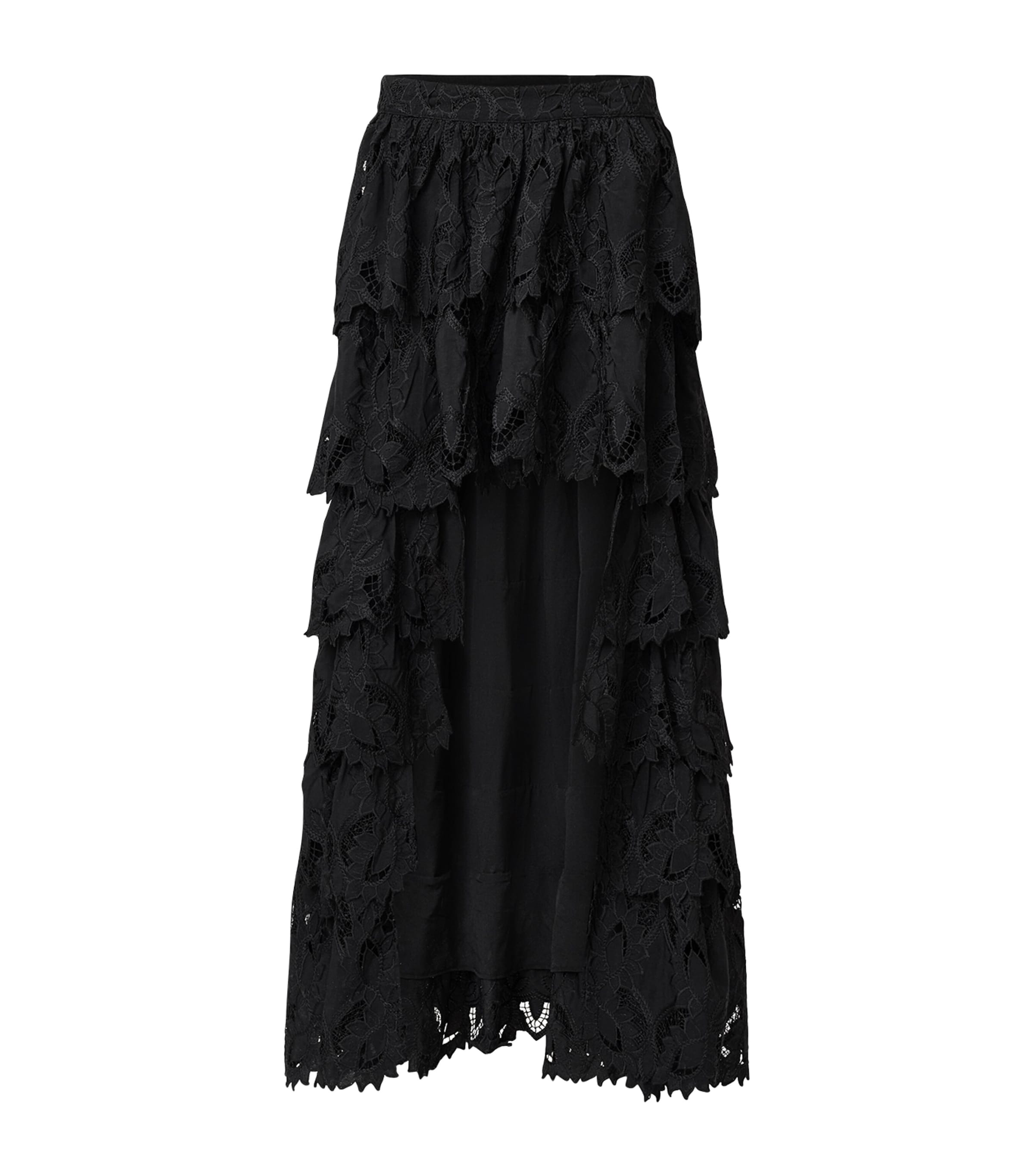 Allsaints Womens Cavarly Ruffle-hem Lace Maxi Skirt Black In Black
