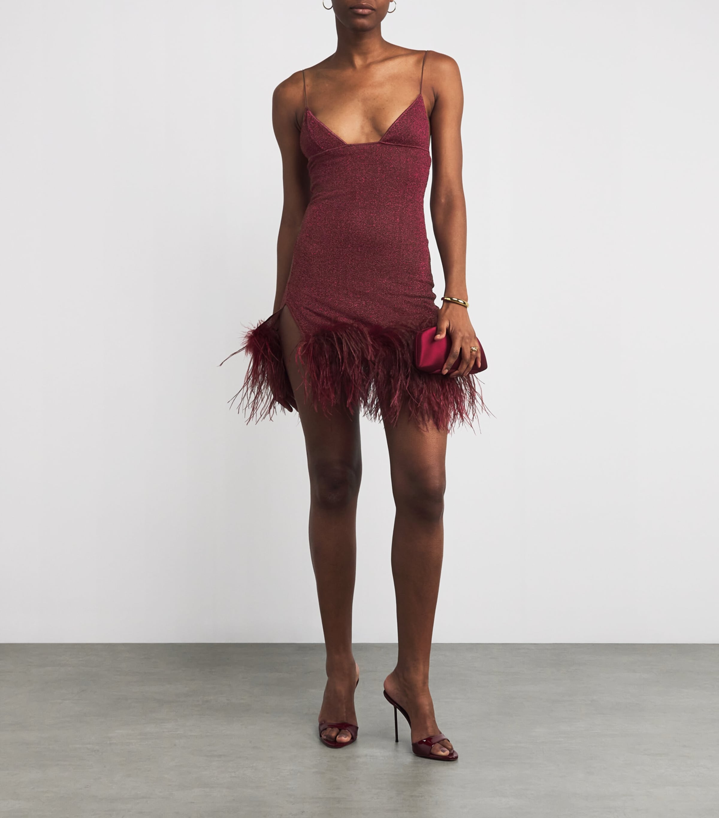 Oseree Oséree Lumière Feather-trimmed Minidress In Burgundy