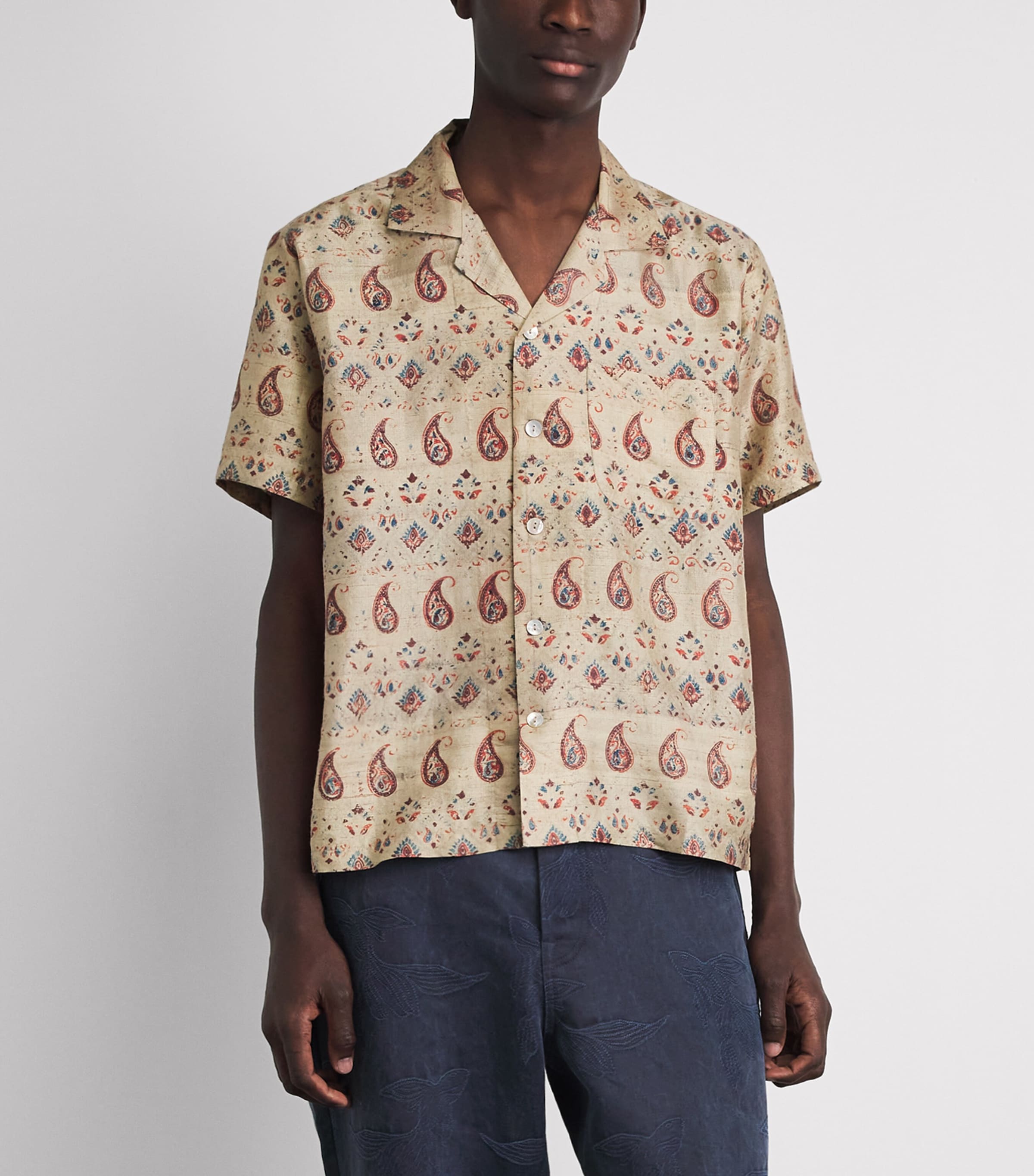 Kartik Research Mens Silk Printed Short-Sleeve Shirt Ecru/ Orange/ Indigo Image 4