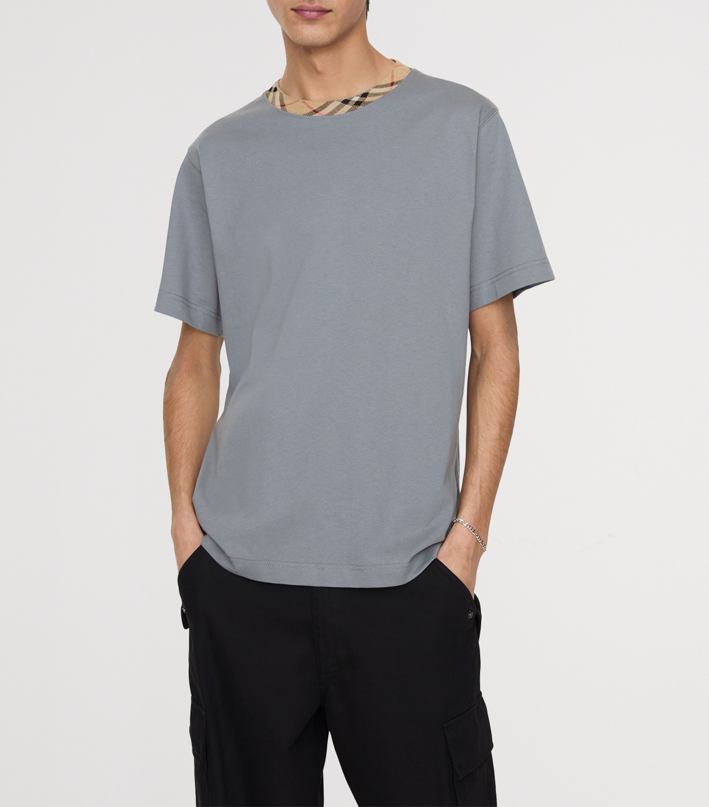 Burberry Mens Check-Trim T-Shirt Forecast Grey Image 2