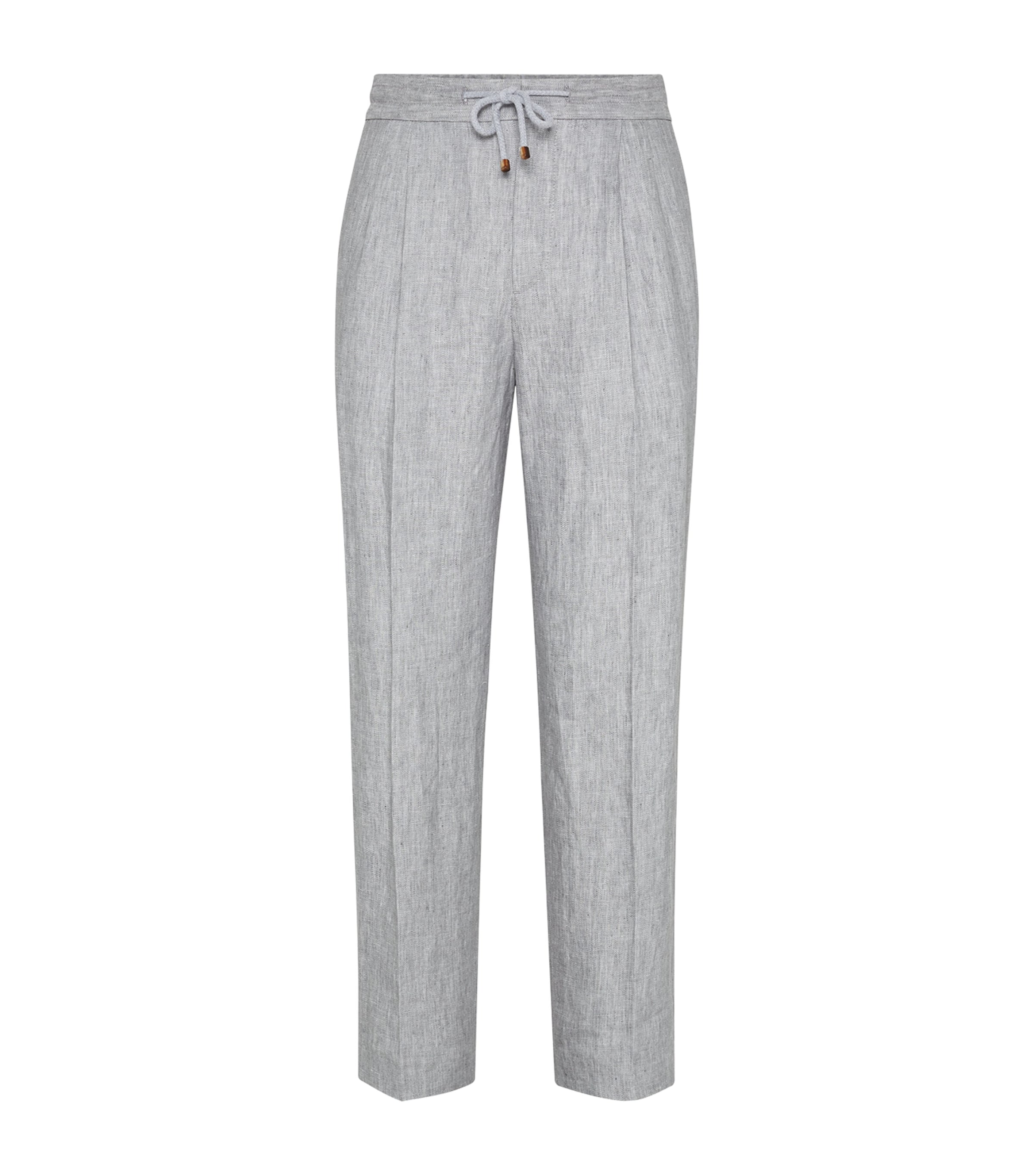Brunello Cucinelli Men Linen Chevron Leisure Fit Pants With Drawstring And Double Pleats In Grey