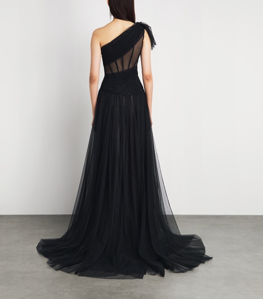 Sandra Mansour Womens Tulle One-Shoulder Gown Black Image 4