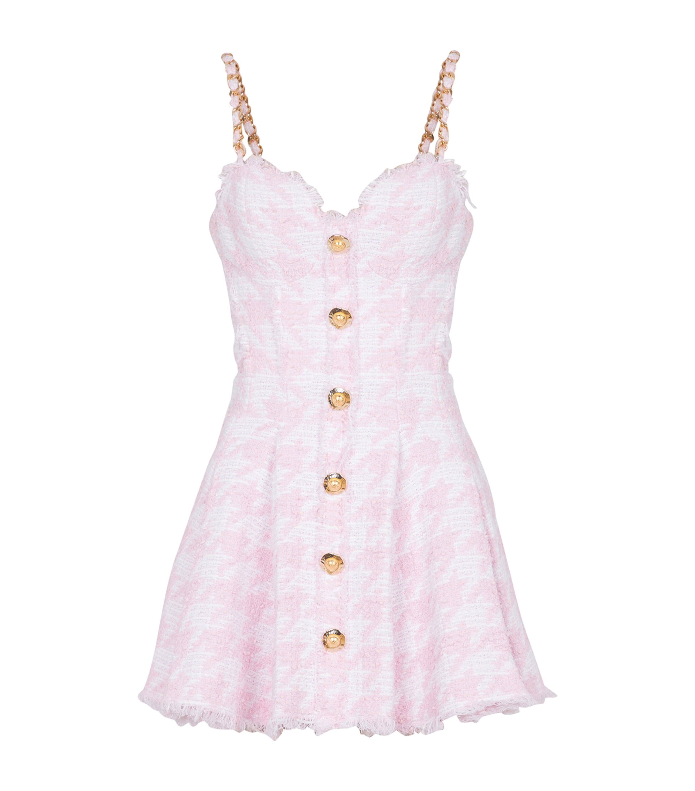 Balmain Strappy Houndstooth Tweed A-line Dress In Pink