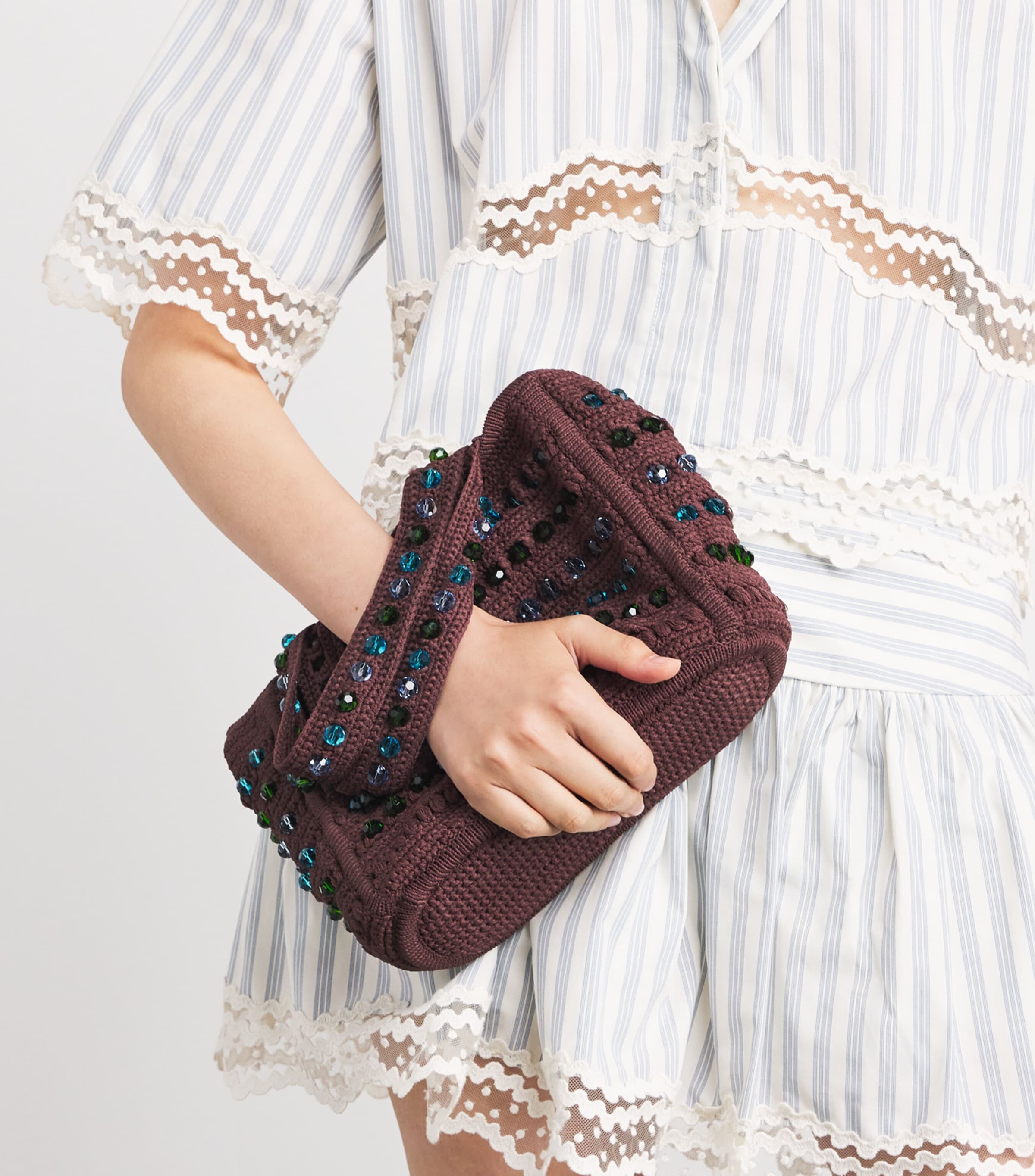 Sandro Paris Crochet Beaded Top-Handle Bag Brown Image 4