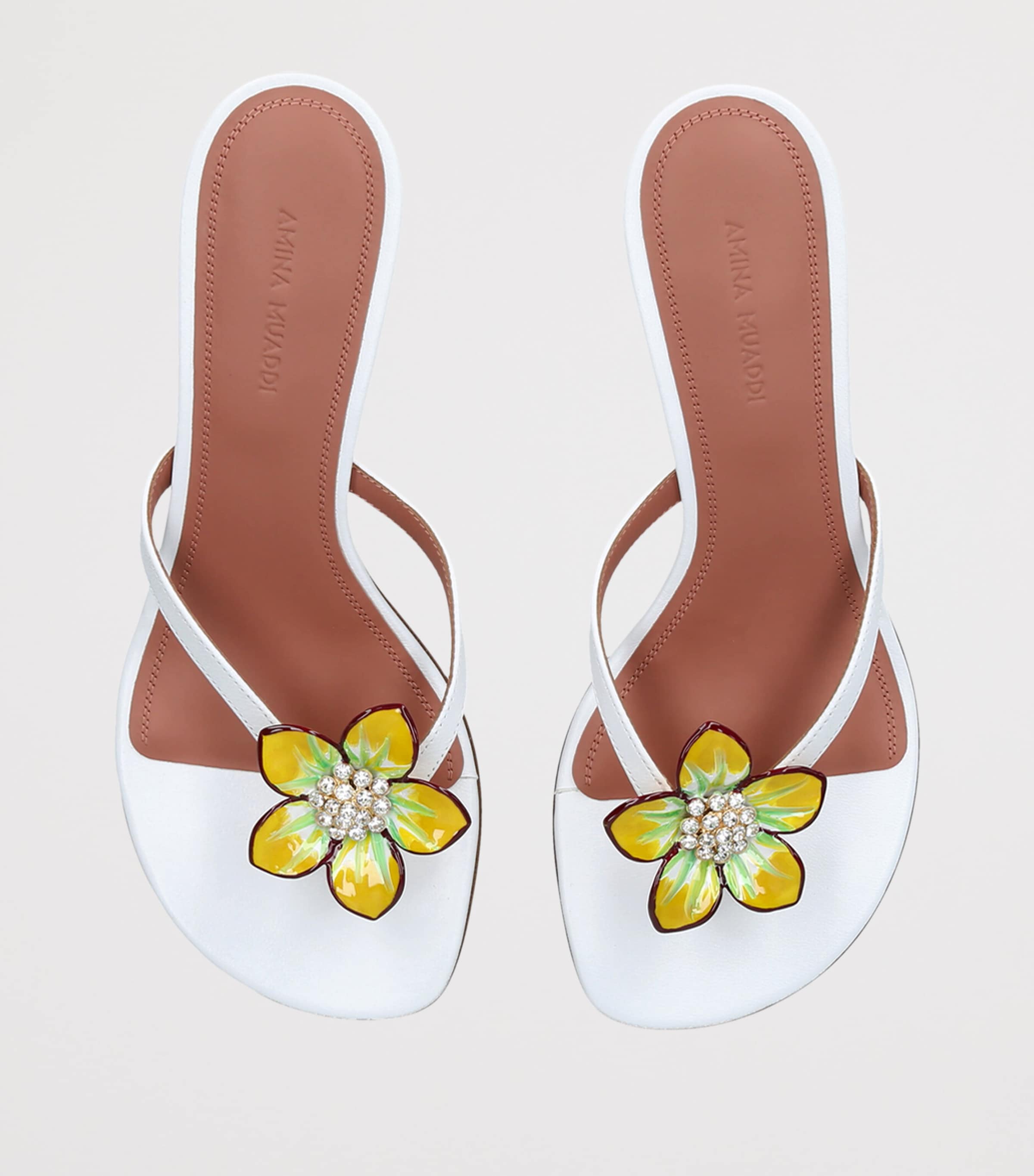 Amina Muaddi Leather Vittoria Flower Heeled Sandals 45 White Image 3