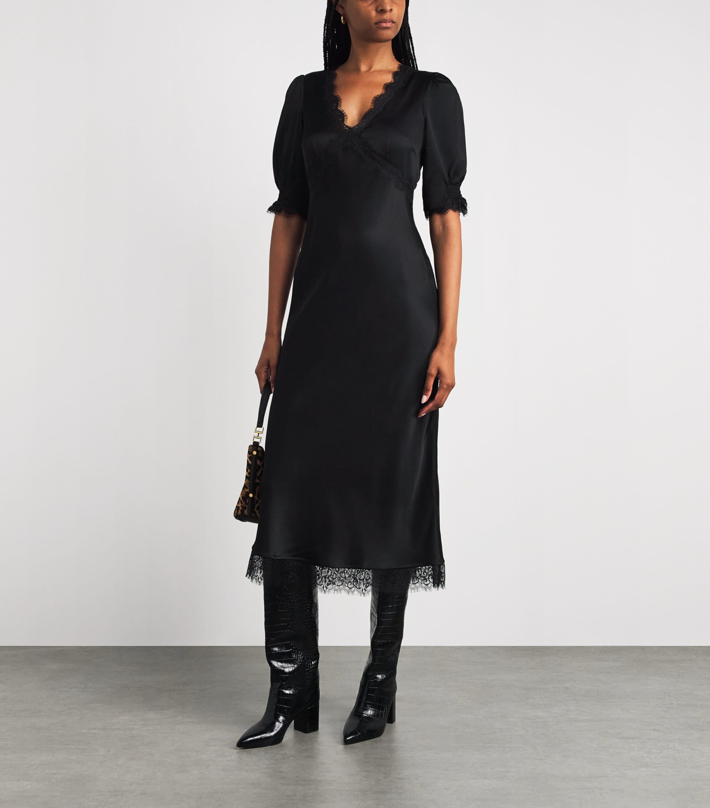 Rixo Womens Satin Annina Midi Dress Black Image 2