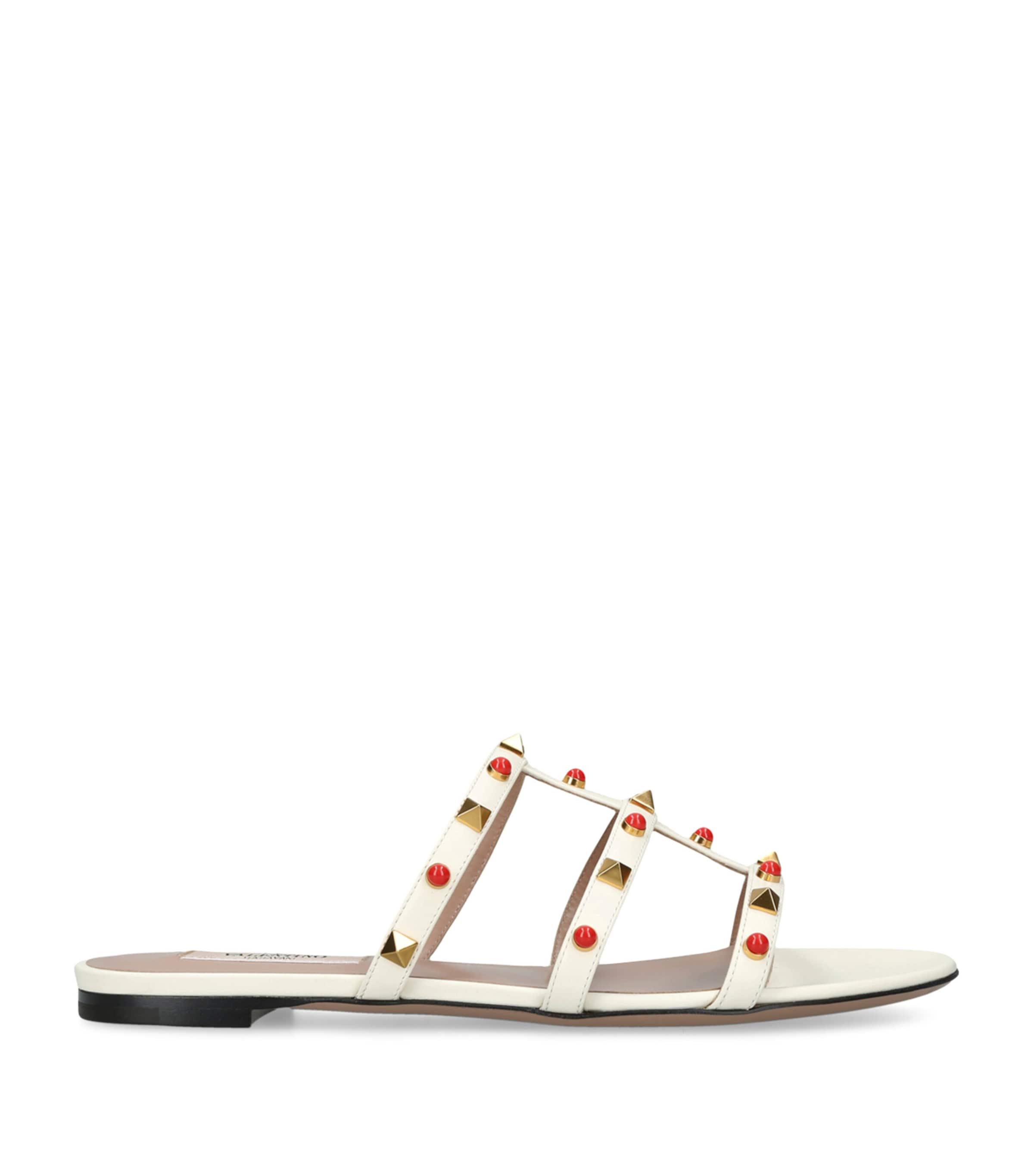 Valentino Rockstud Caged Leather Flat Sandals In White