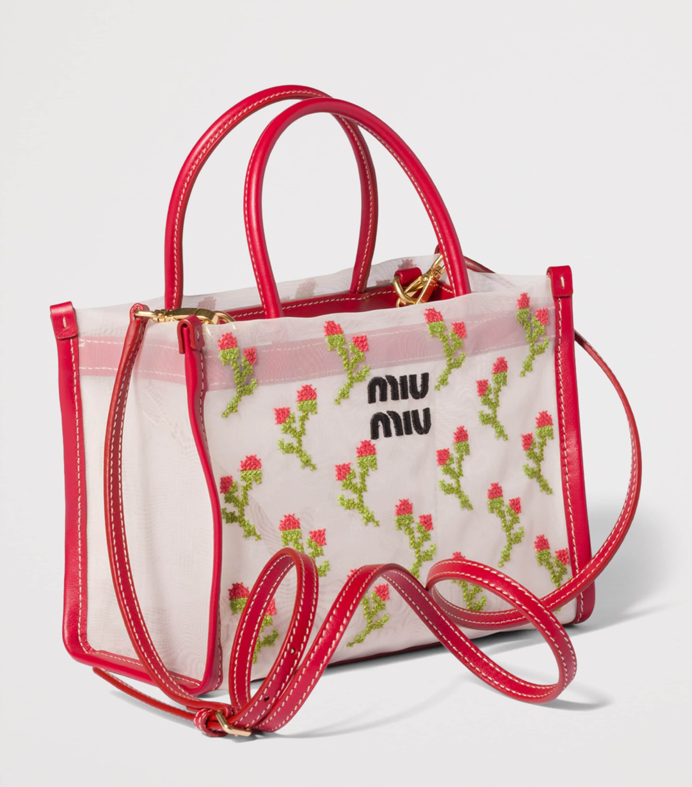 Miu Miu Embroidered Mesh Top-Handle Bag Red Image 2
