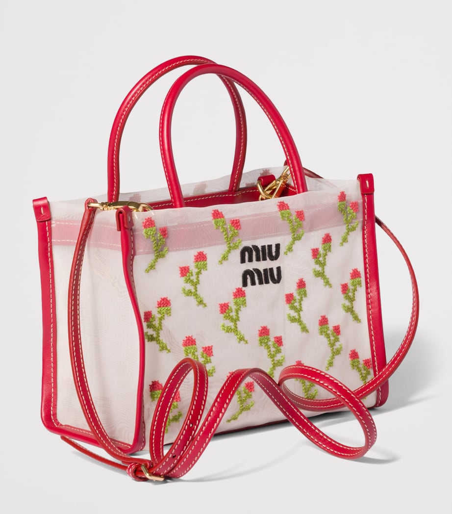 Miu Miu Embroidered Mesh Top-Handle Bag Red Image 2