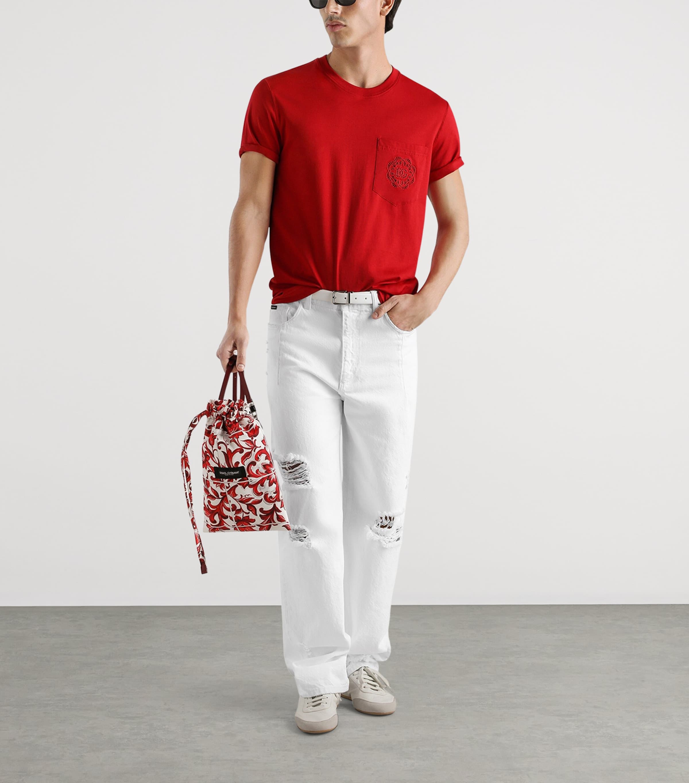 Dolce&Gabbana Mens Embroidered-Logo T-Shirt Bright Red Image 2