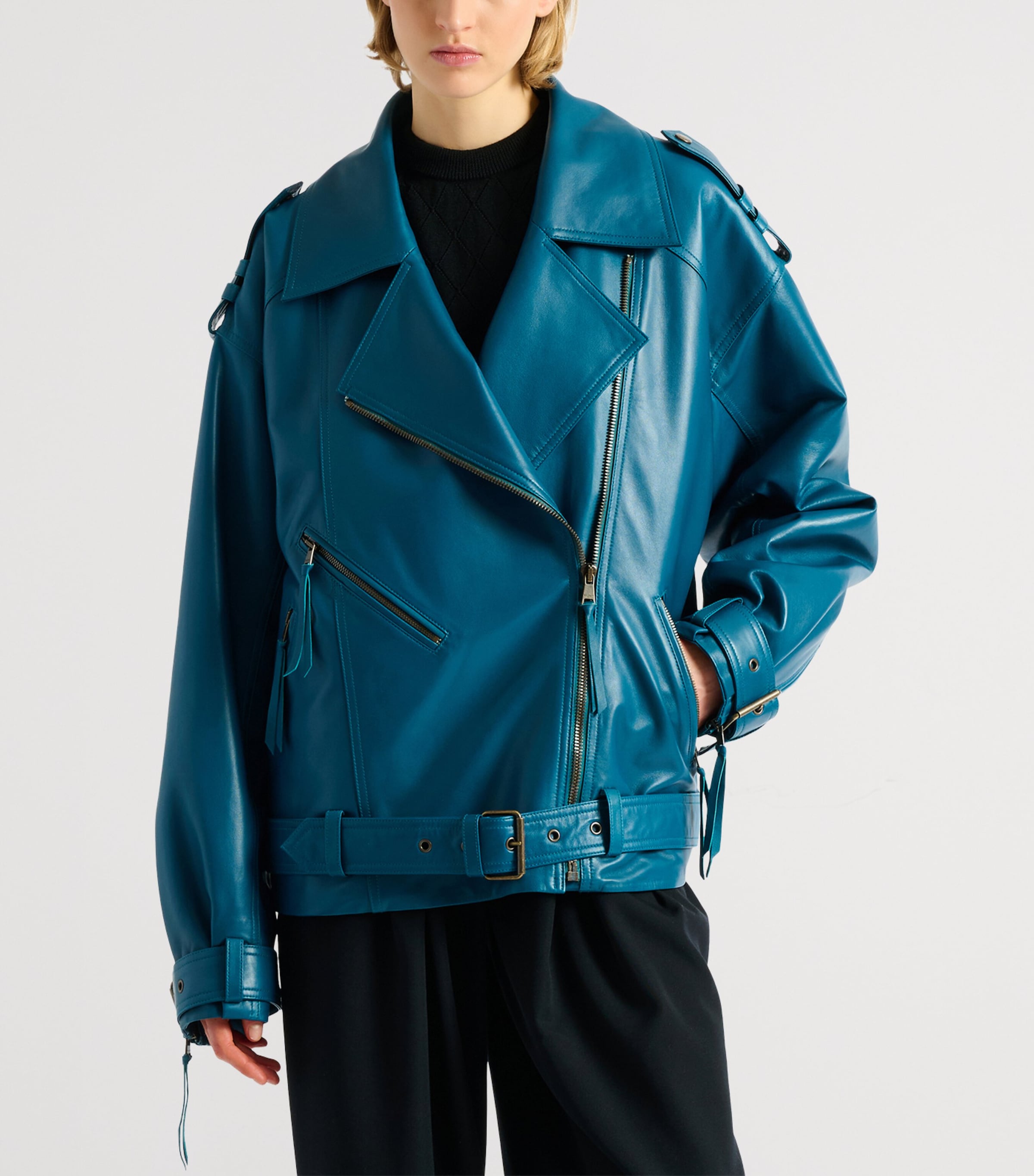 Balmain Womens Lambskin Biker Jacket Bleu Canard Image 3