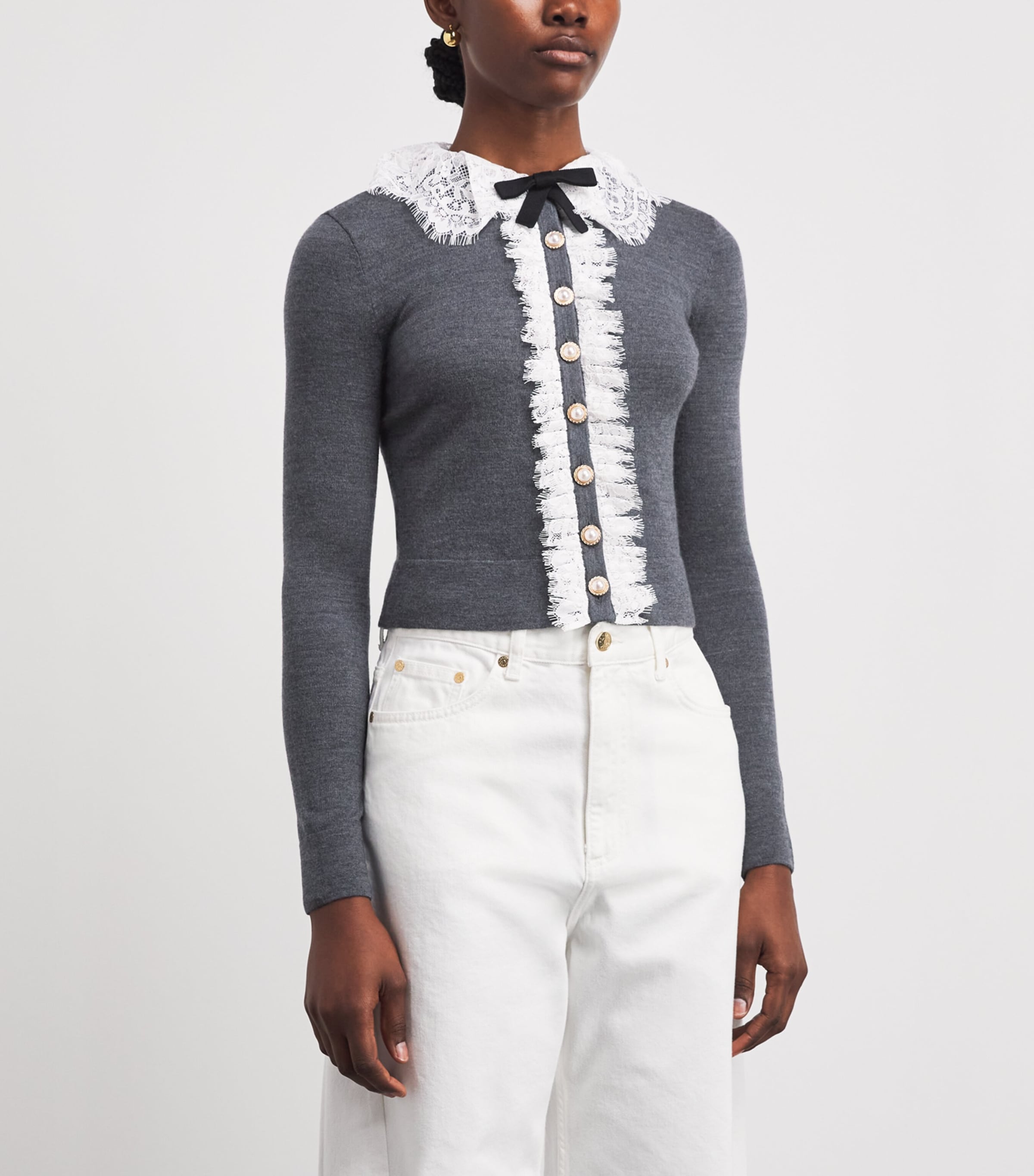 Self-Portrait Womens Wool Lace-Collar Cardigan Grey Image 4
