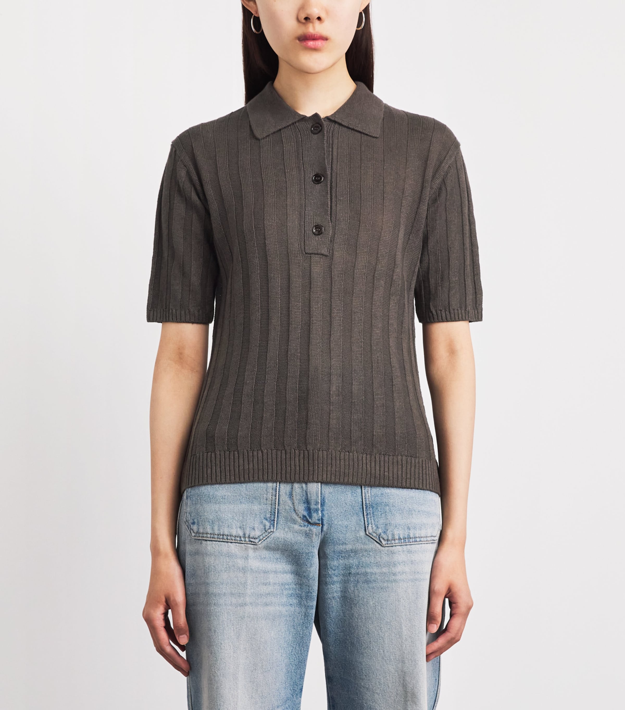 MM Womens Linen Ribbed Polo Sweater Dark Bown Image 4
