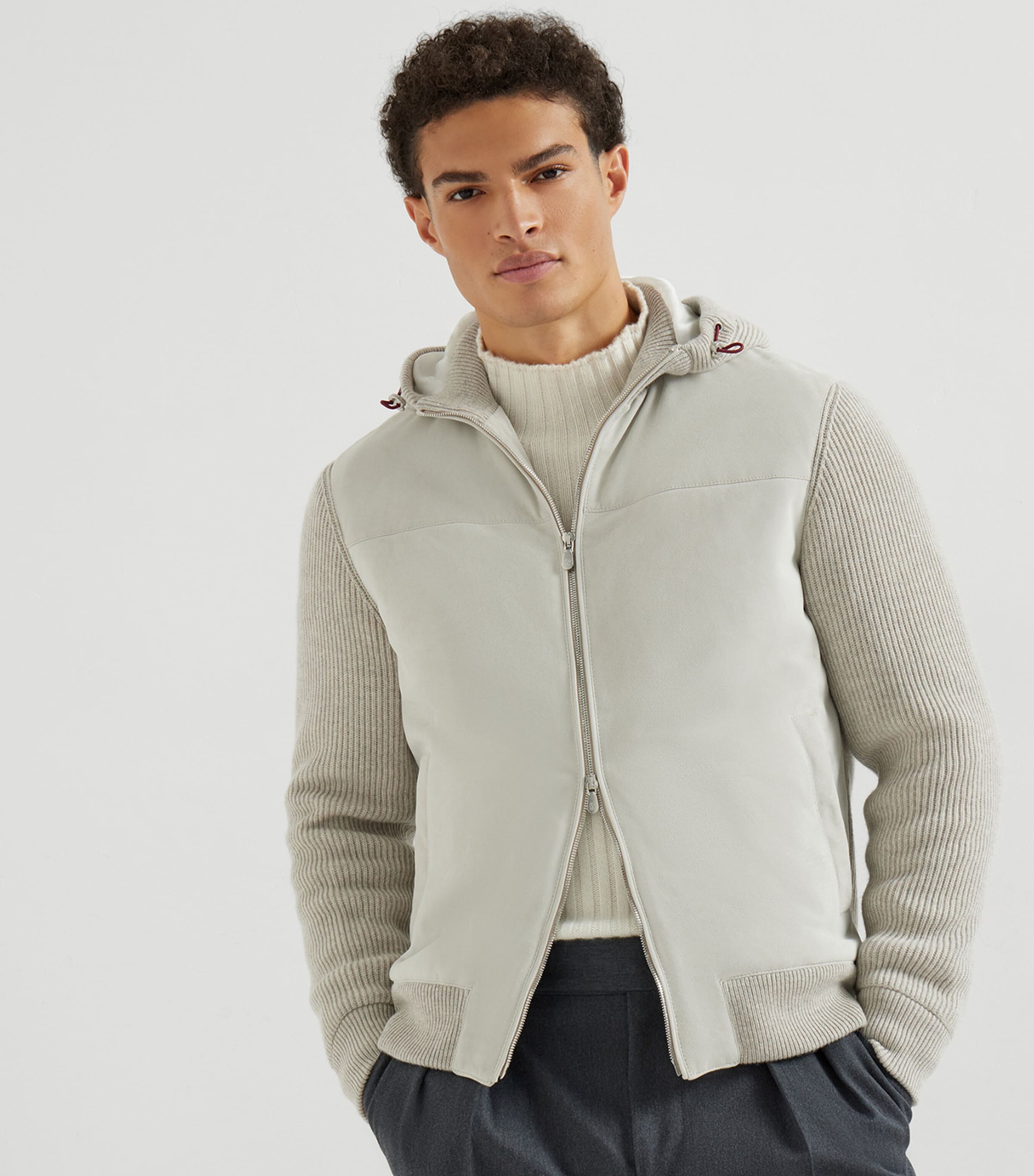 Suede Cashmere-Trim Padded Hoodie CVI78 Image 2