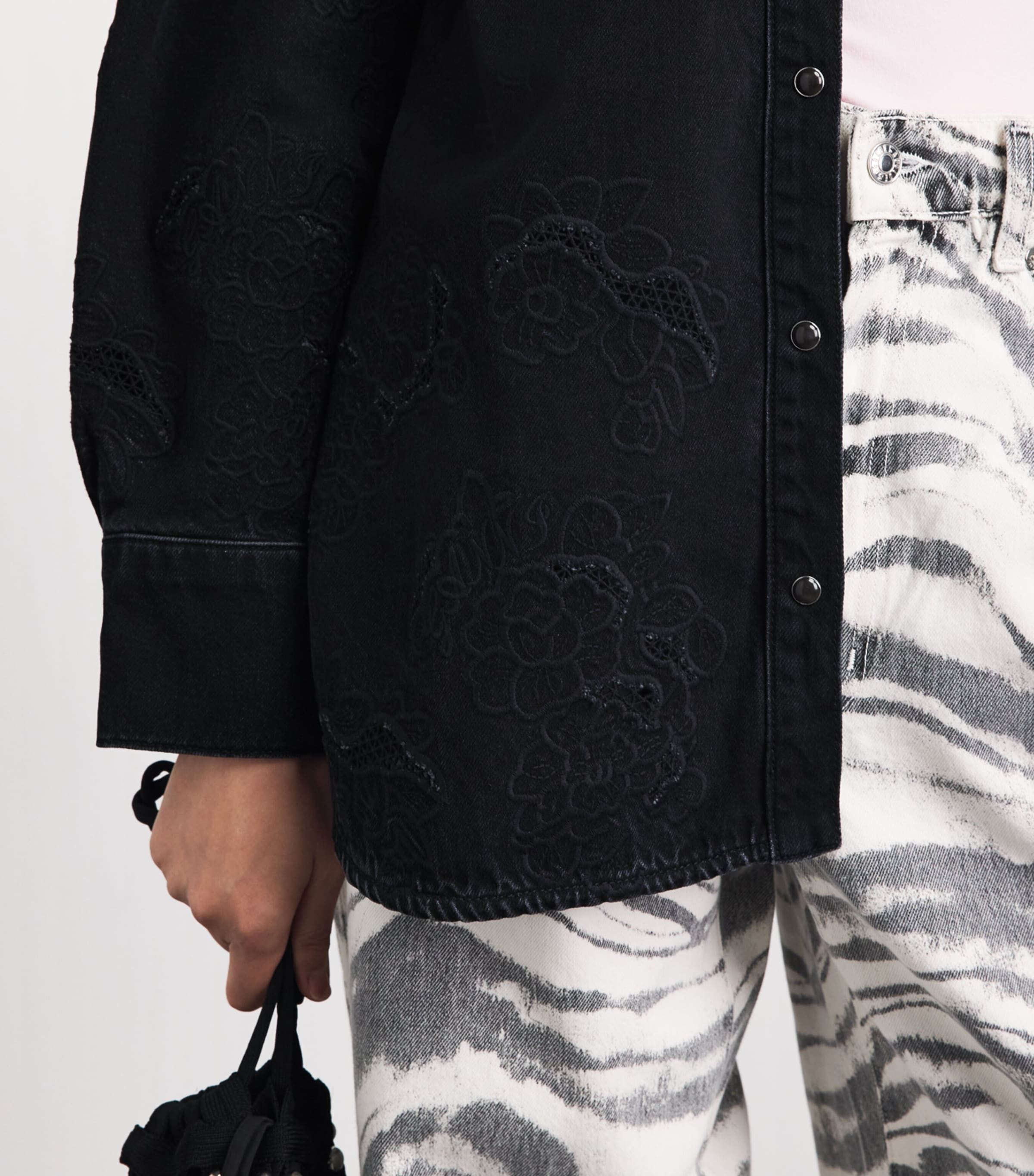 GANNI Womens Broderie Anglaise Denim Jacket Black Washed Image 3