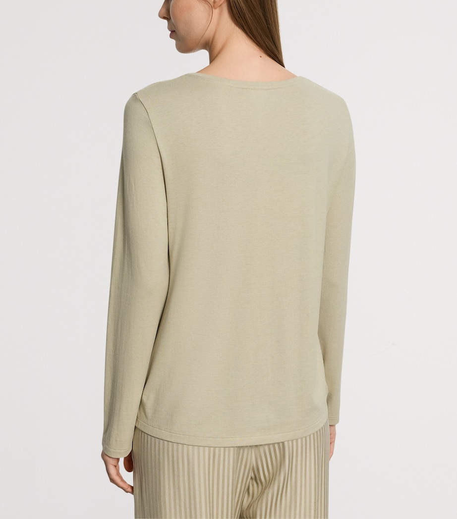 Hanro Womens Stretch-Cotton Long-Sleeve Sleep & Lounge T-Shirt Olive Stem Image 3