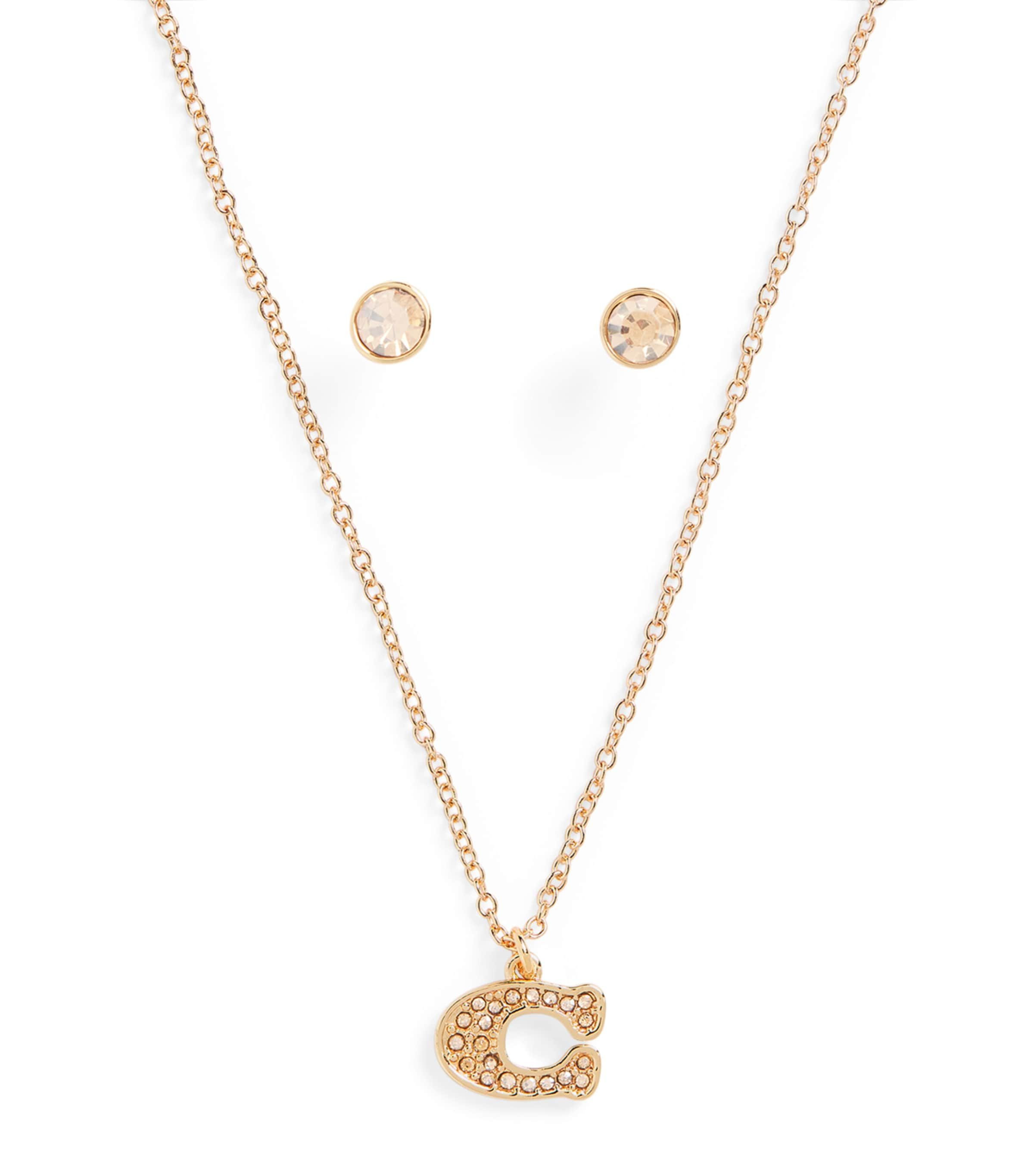 COACH EMBELLISHED MONOGRAM NECKLACE AND EARRINGS SET 