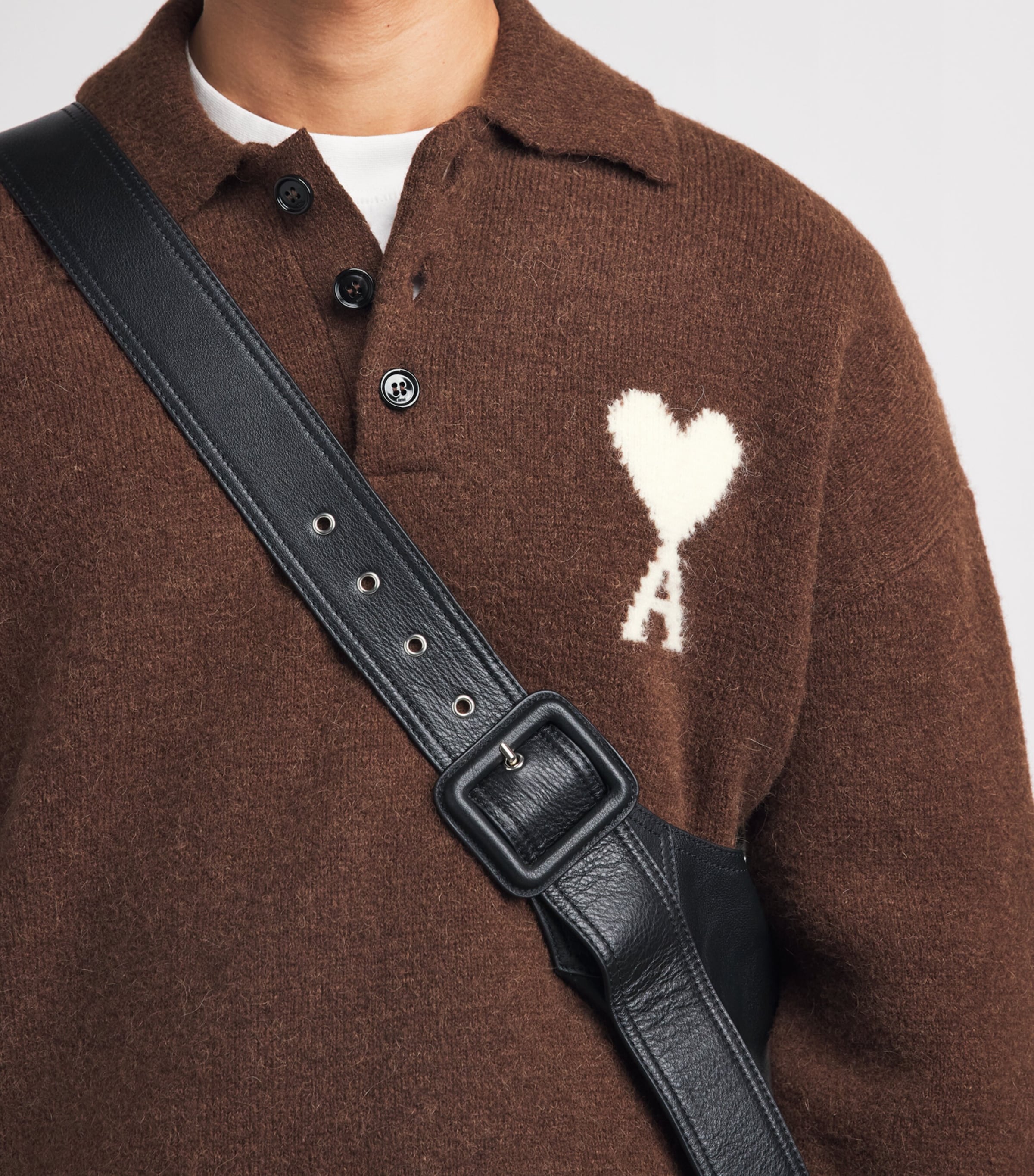 AMI Paris Mens Ami de Coeur Polo Sweater Mrron Choc/ecru Image 3