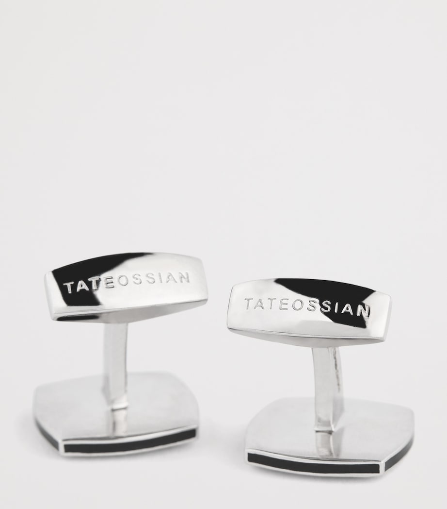 Tateossian Rhodium-Plated Graffiato Rounded Square Cufflinks Black Image 6