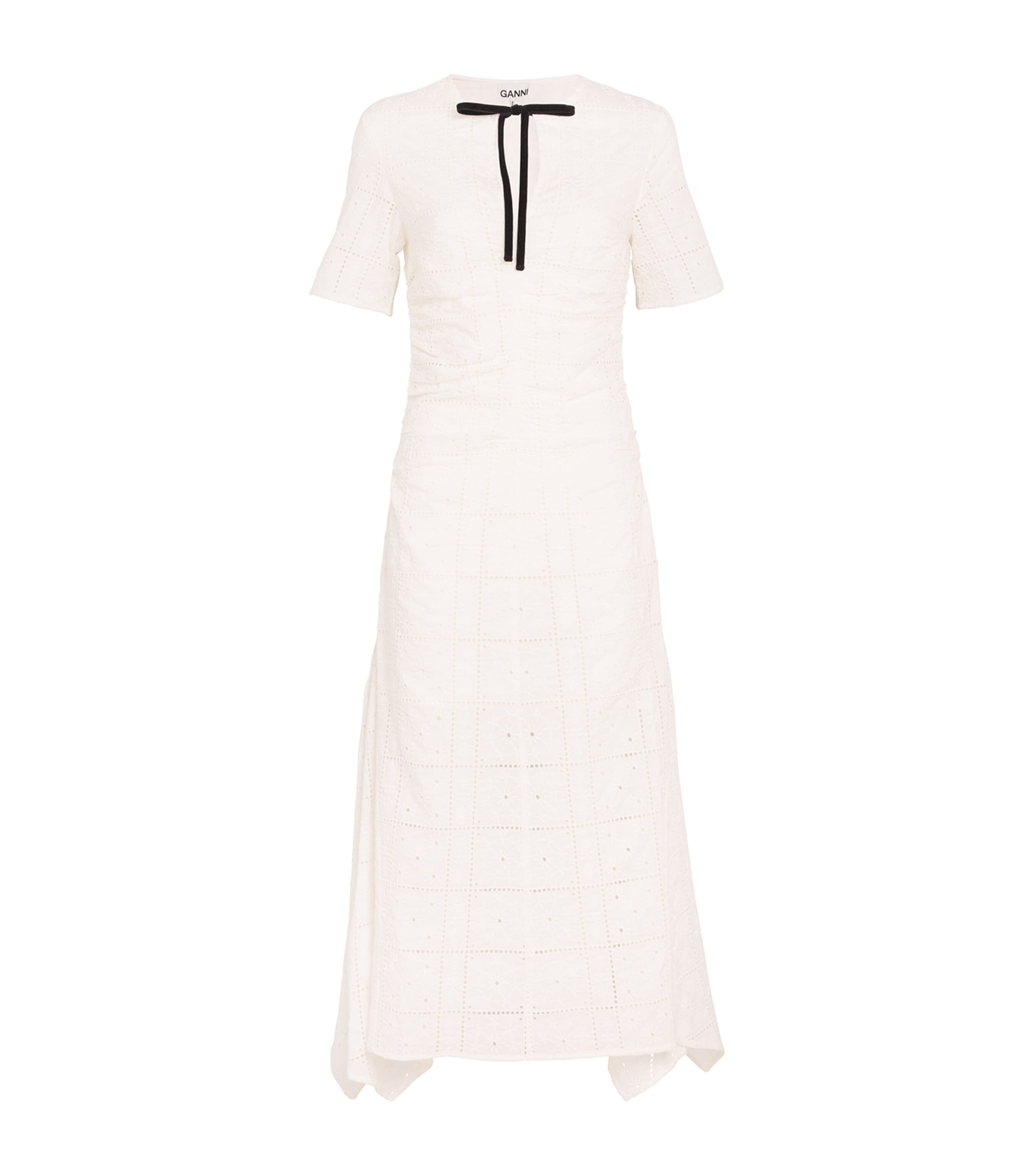 Ganni Broderie Anglaise Organic Cotton Midi Dress In Ivory