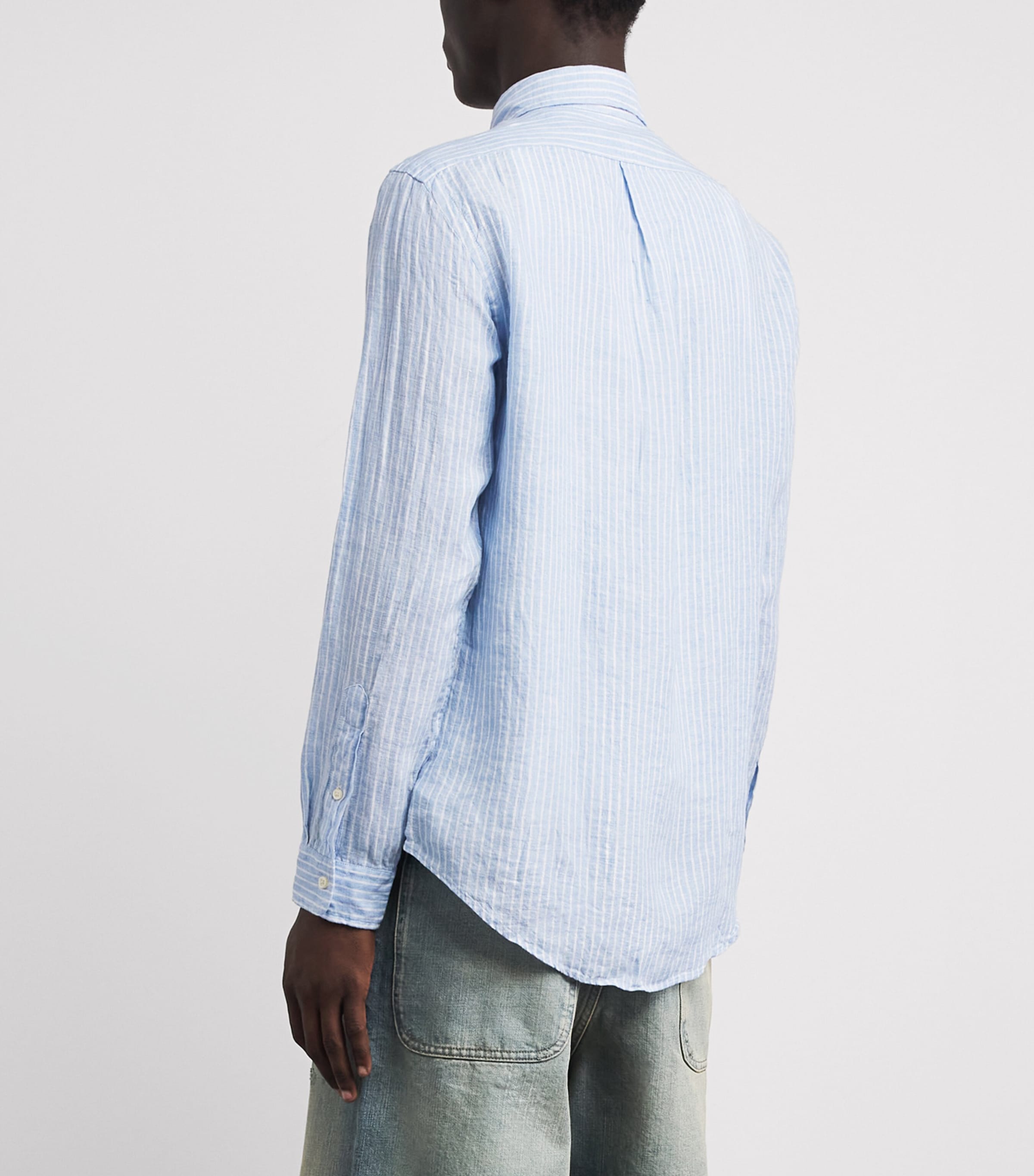 Polo Ralph Lauren Mens Linen Custom-Fit Stripe Shirt Blue White Image 5
